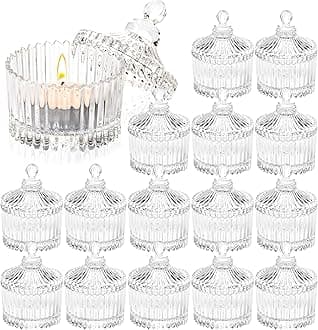 16 Piece Votive Candle Holders with Lids, Tealight Candle Holders in bulk, Glass Small Candle Holders for Table Centerpiece, Wedding, Home Decor (2.68'' x 1.65'', Clear)