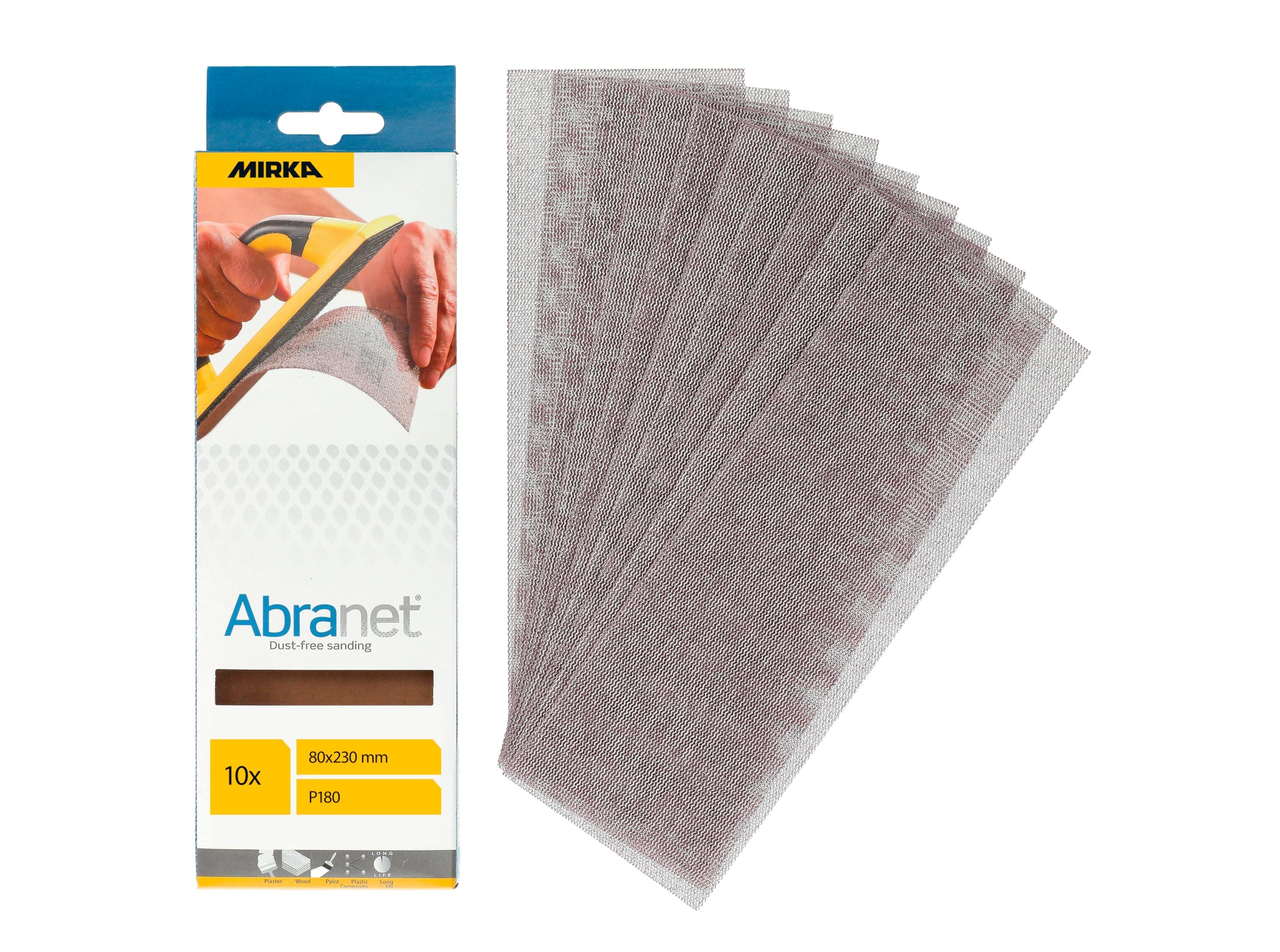Abranet net sandpaper strips 80x230 mm/Hook & loop/Grit P180 / 10 pcs / AE175F1018 / for dust-free sanding of wood, walls, metal, aluminium, stainless steel, filler, varnish, plastic