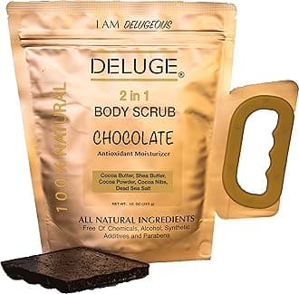 DELUGE CHOCOLATE BODY SCRUB 100% NATURAL. Firm Skin Moisturizing Antioxidant Spa’s or Home Use. Made with Real Cacao Nibs, Cocoa Powder, COCOA BUTTER, DEAD SEA SALT, Net Weight 10 oz