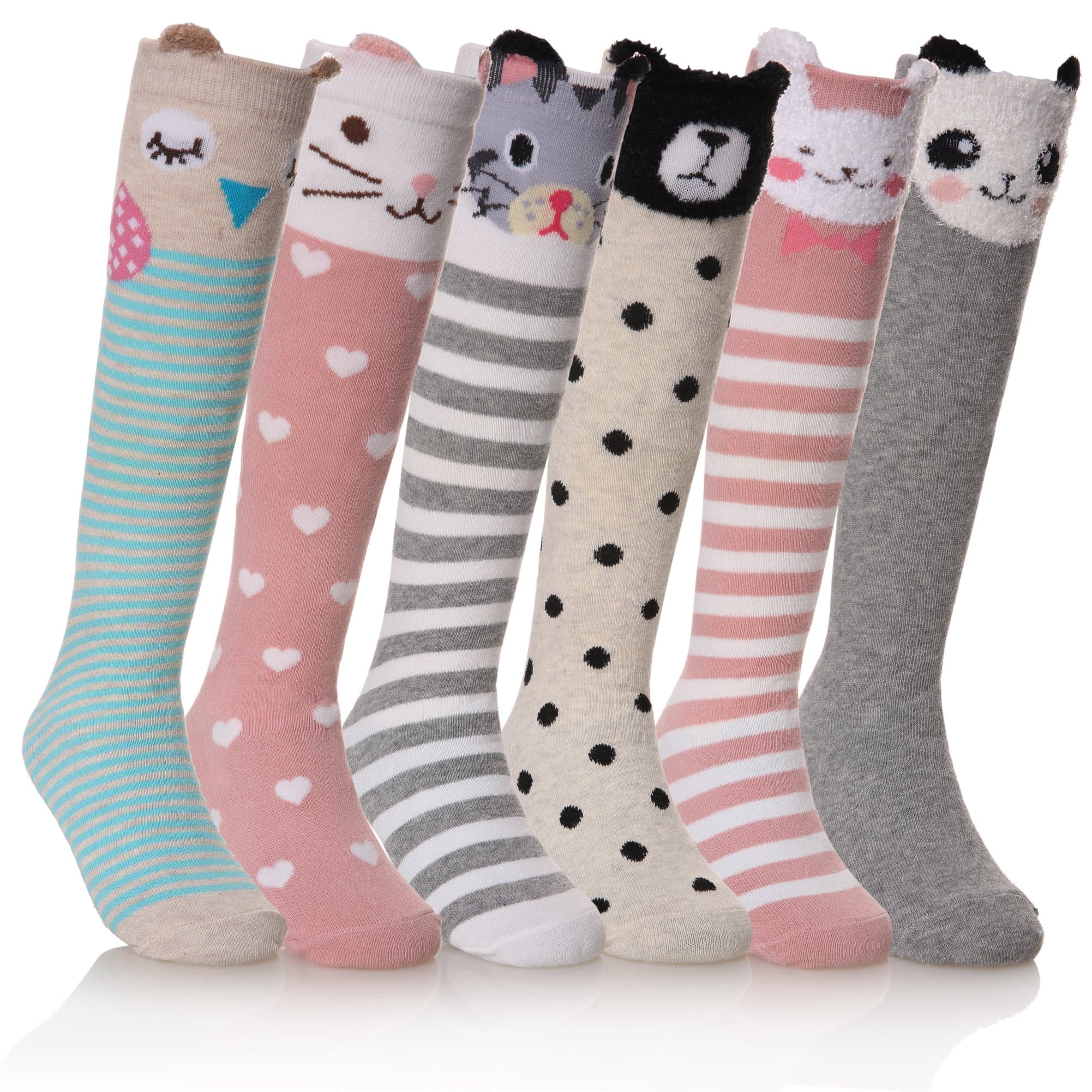 FNOVCO Girls Knee High Socks Kids Crazy Fun Gift Cute Animal Patterns Cotton Long Socks 6 Pairs