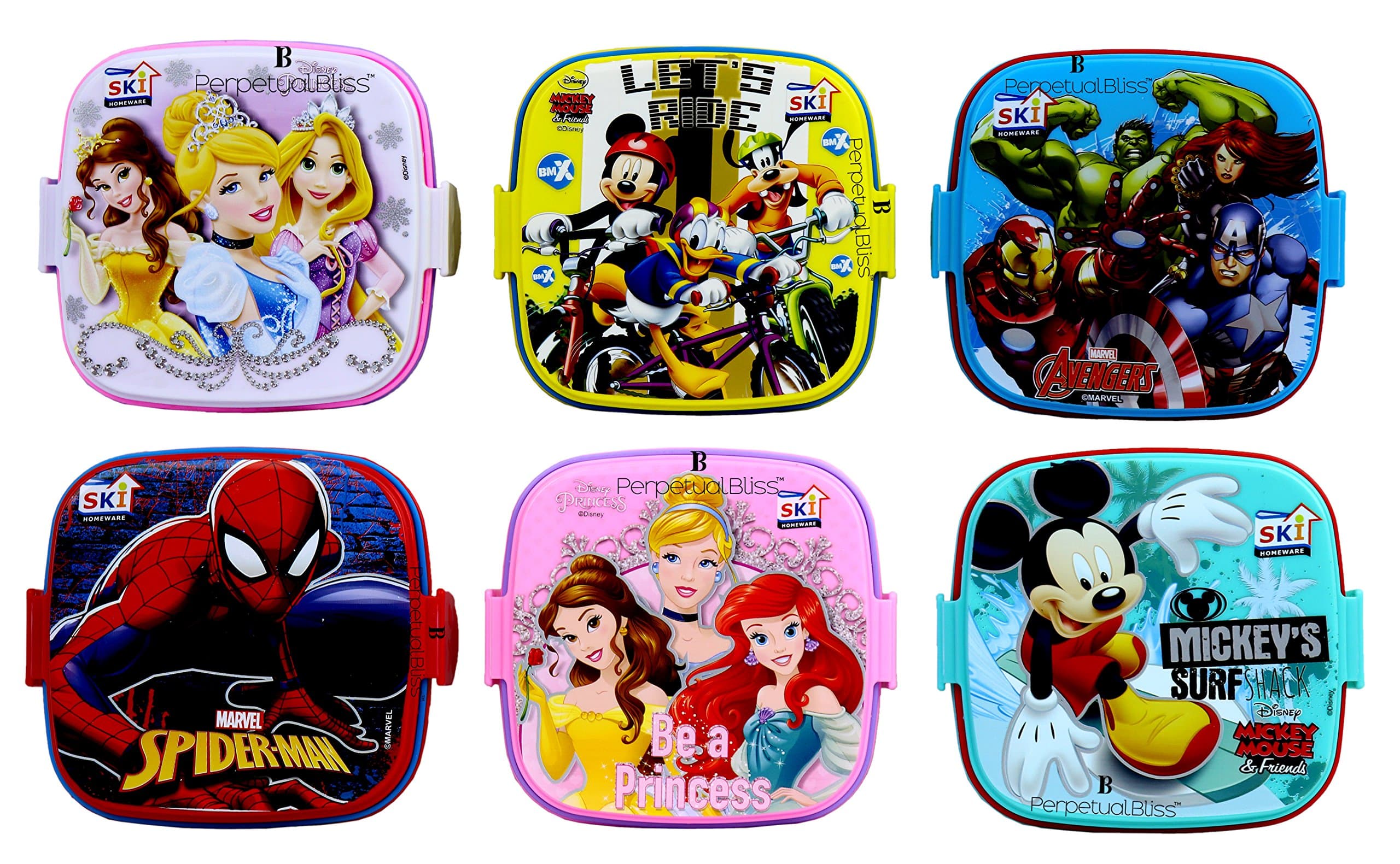 Plastic Fancy Disney Theme Square Lunch Box Double Layer For Kids Return Gifts (Dimension)Cm: 13X13X10 (Pack Of 10) Perpetual Bliss, Multi