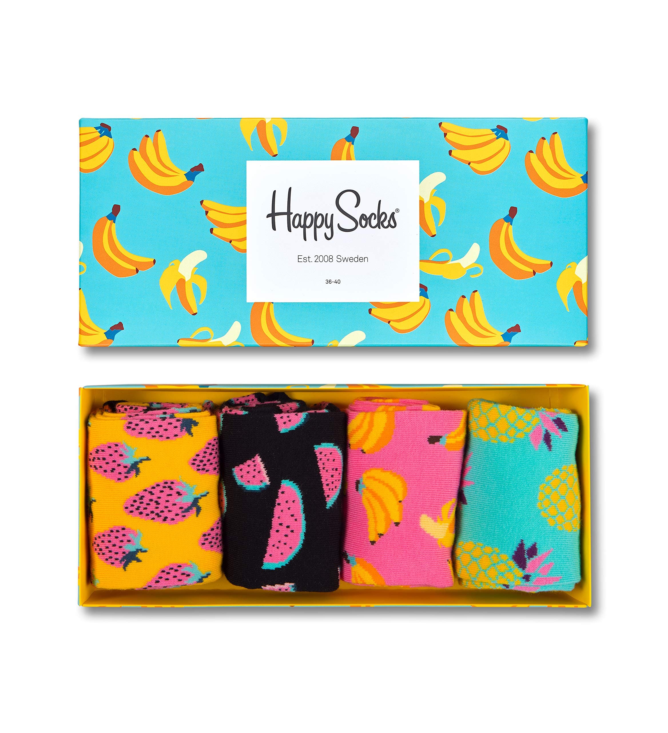 Happy Socks 4-Pack Fruit Box, colorful and fun, Socks for Men and Women, Blue-Yellow-Pink (10-13)