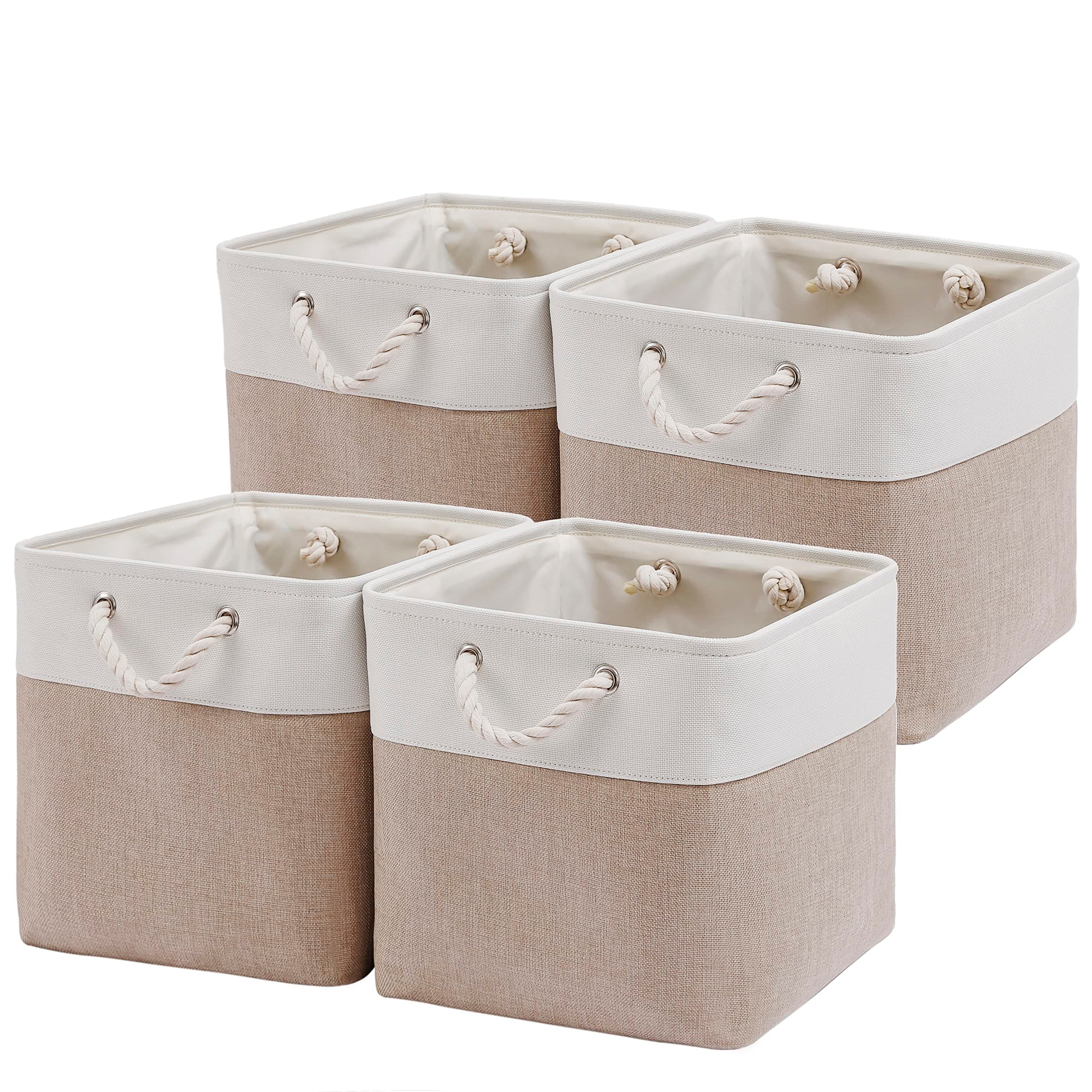 Storage Bins for Organizing (4 Pack), Extra Large Fabric Storage Baskets for Shelves with Ropes, Foldable Storage Cubes for Home, Office,Closet, Clothes, Toys Organizer(White & Beige 13x13x13 inch)