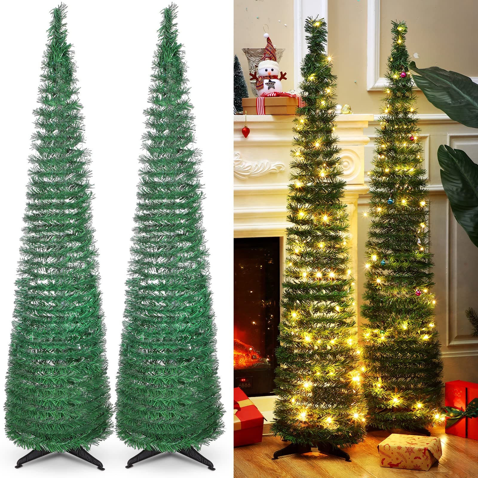 HyDren 2 Pack 5 ft Pop up Christmas Trees with Pre Lit Lights Artificial Pull up Christmas Tree PVC Collapsible Xmas Slim Tree with String Light for Home Christmas Party Decorations Easy Install