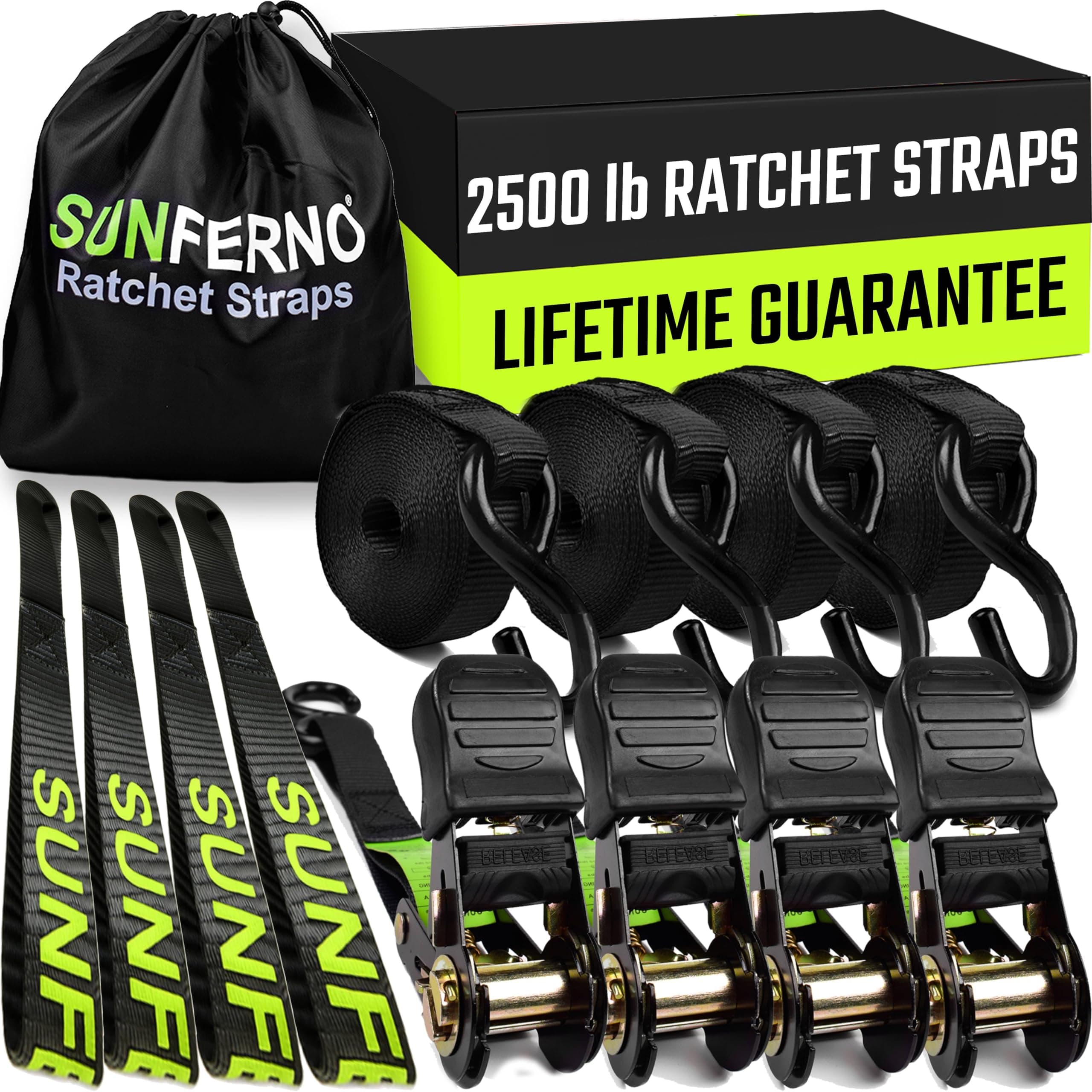 Sunferno Heavy Duty Ratchet Straps Tie Down Set | 2500 Lbs Break Strength | 15 Ft Black Straps with Soft Loops | Securely Transport Motorcycle, Cargo, ATV, Moving Equipment | 4 Pack