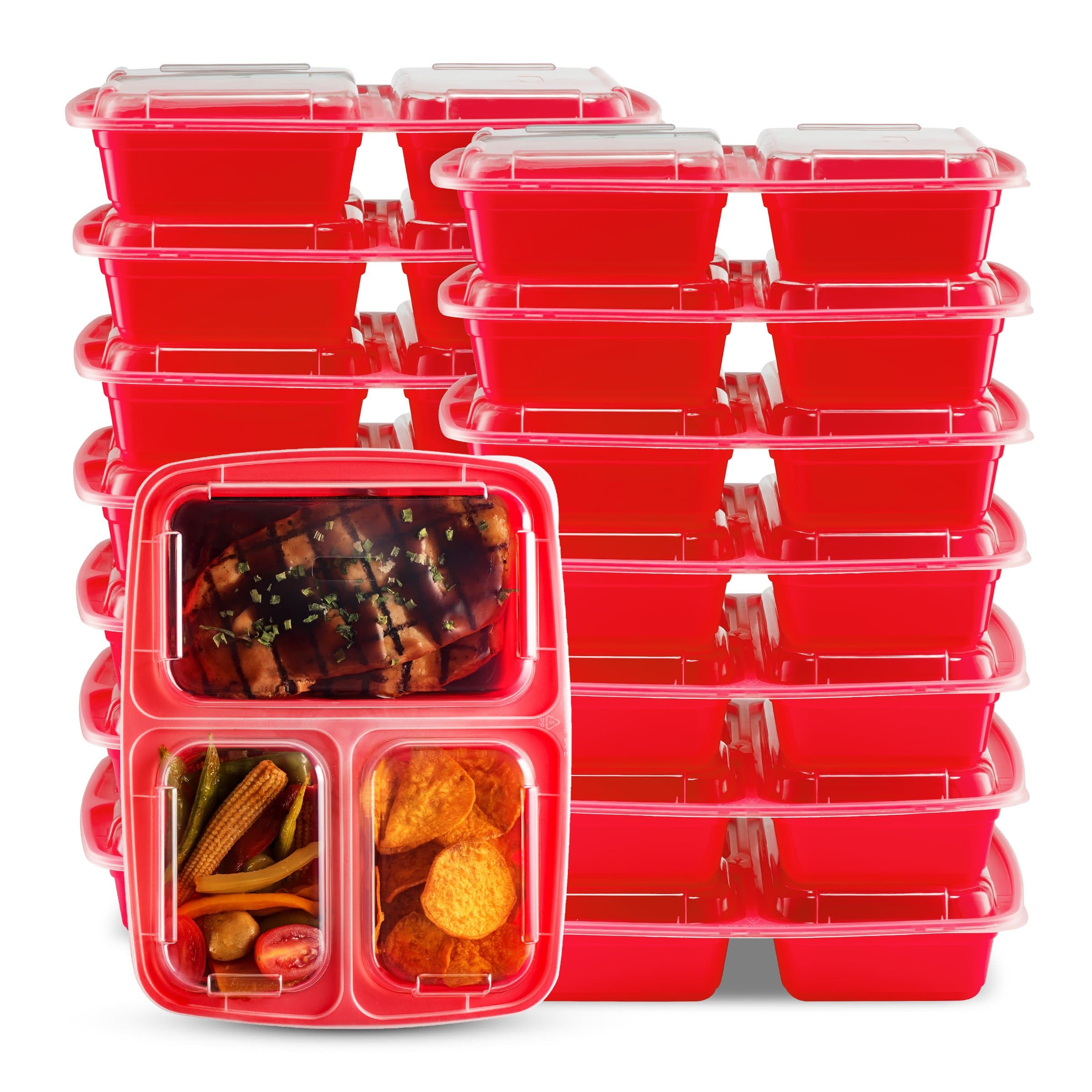3 Compartment Portion Control Lunch Box and Food Storage Container Set -Multiple Colors Available (3Compartment - 14 Pack, Red)