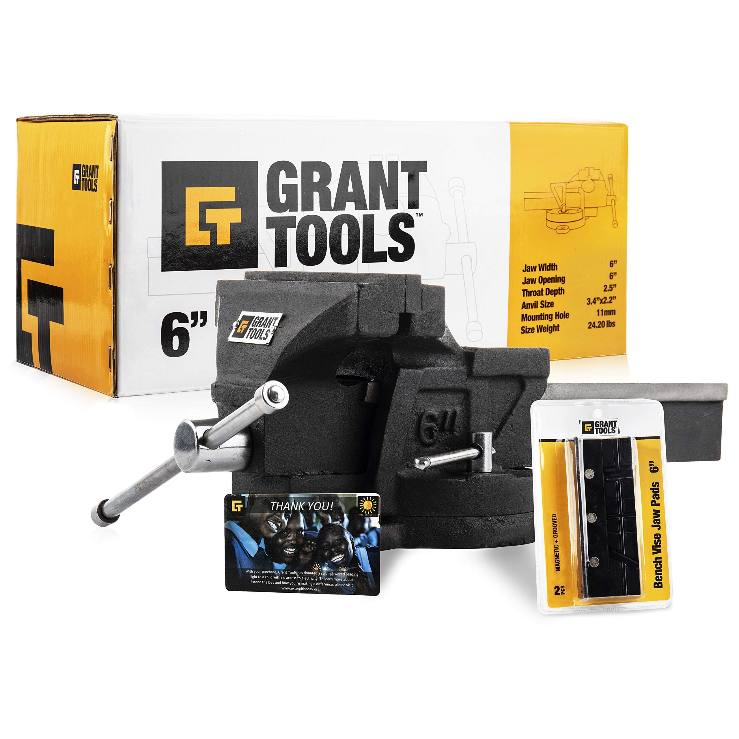 Grant Tools Light Duty Swivel Bench Vise (4" and 6" Available) | 2 Vise Jaws Included | With Each Vise Sold 1 Solar Light is Donated to a Child Abroad in Need via Extend The Day (4")