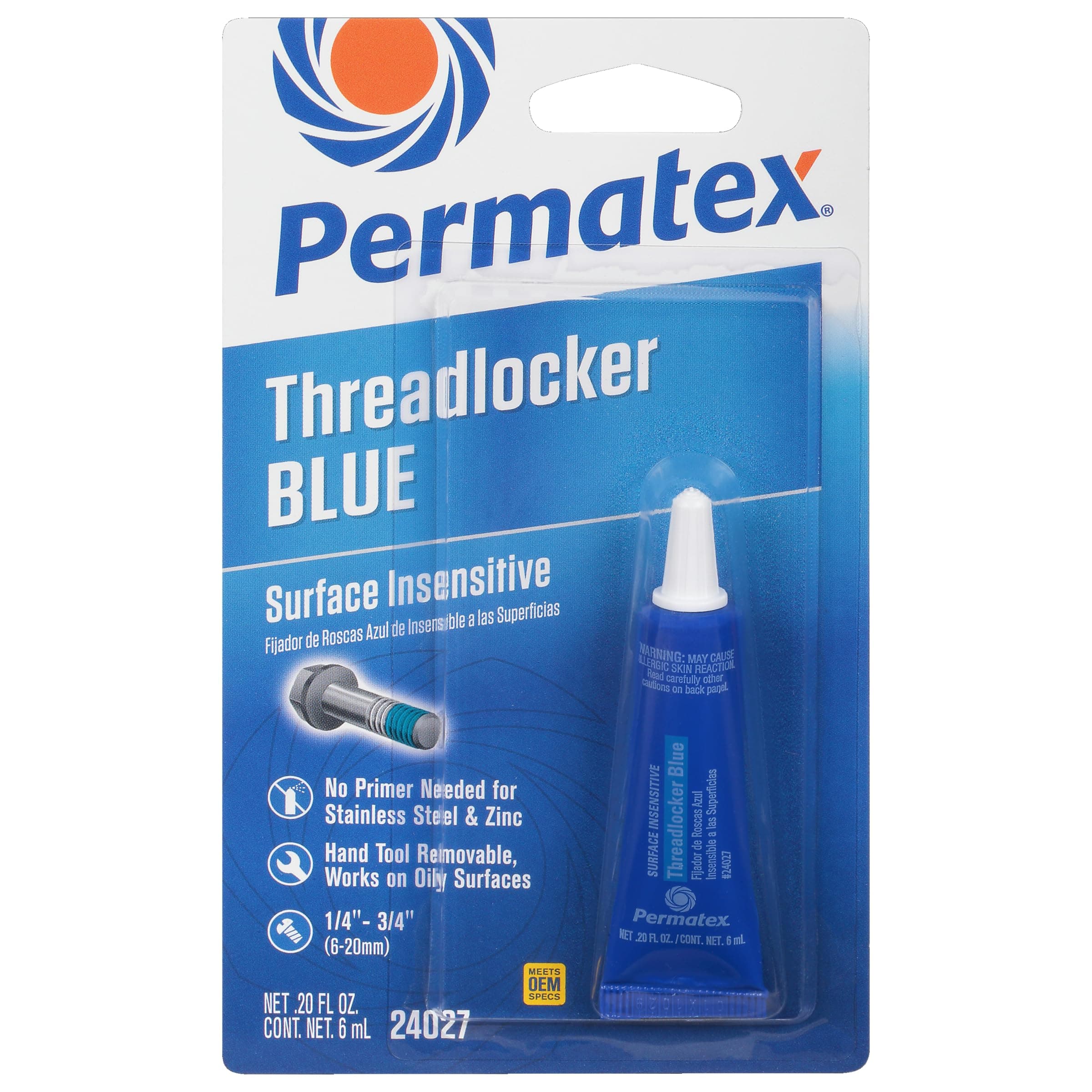 Permatex 24027 Surface Insensitive Threadlocker: Threadlocking Adhesive for Medium to High Strength Metal Threaded Assemblies, Easy Disassembly, Vibration Loosening Prevention, Oil Resistant Blue, 6ml