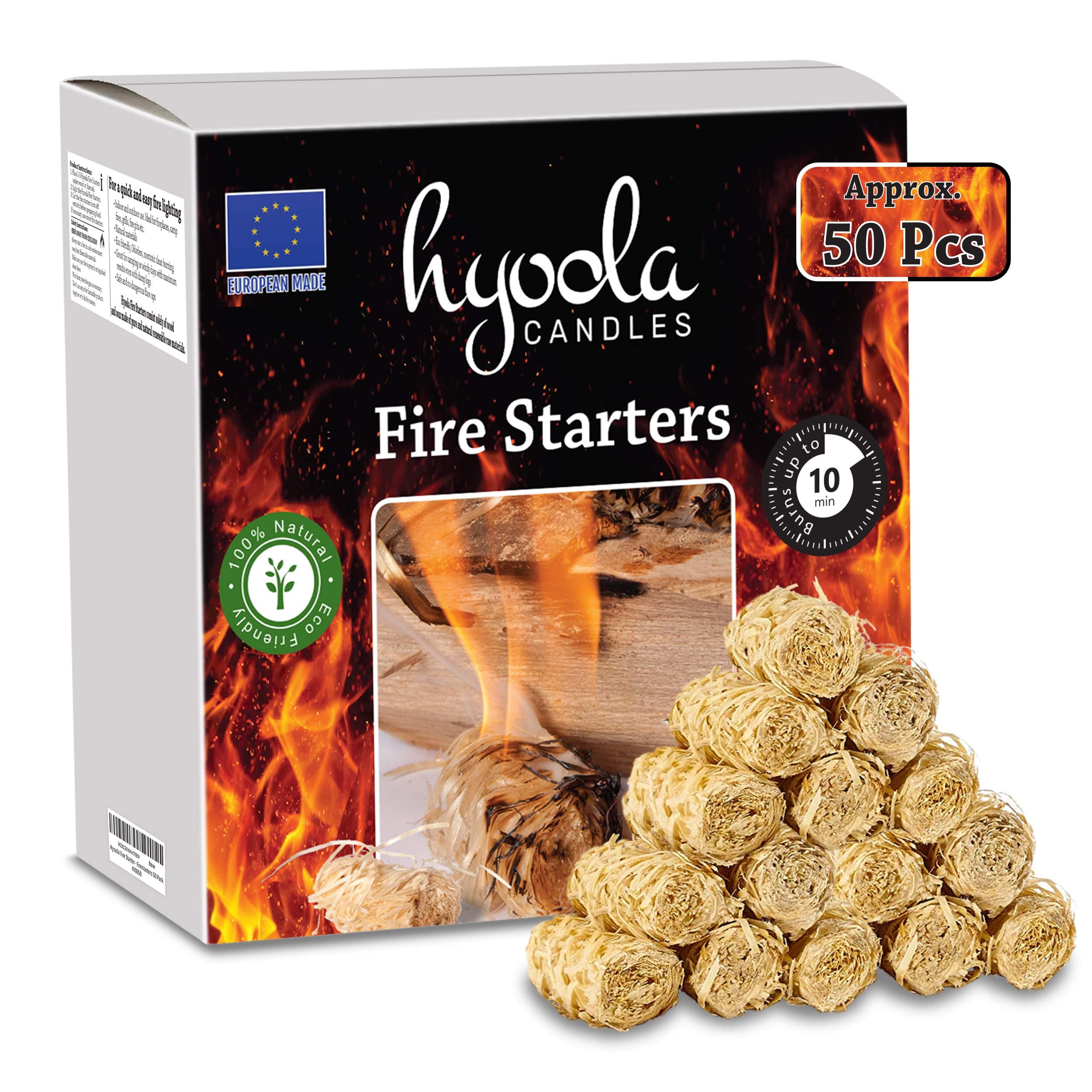 HyoolaFirestarters - 100% Natural Fire Starters - Easy to Use for BBQ & Grill, Campfire, Charcoal, Fire Pit. Waterproof for Indoor/Outdoor Use - No Flare Ups - 10 Minute Burn - 50 Firelighters