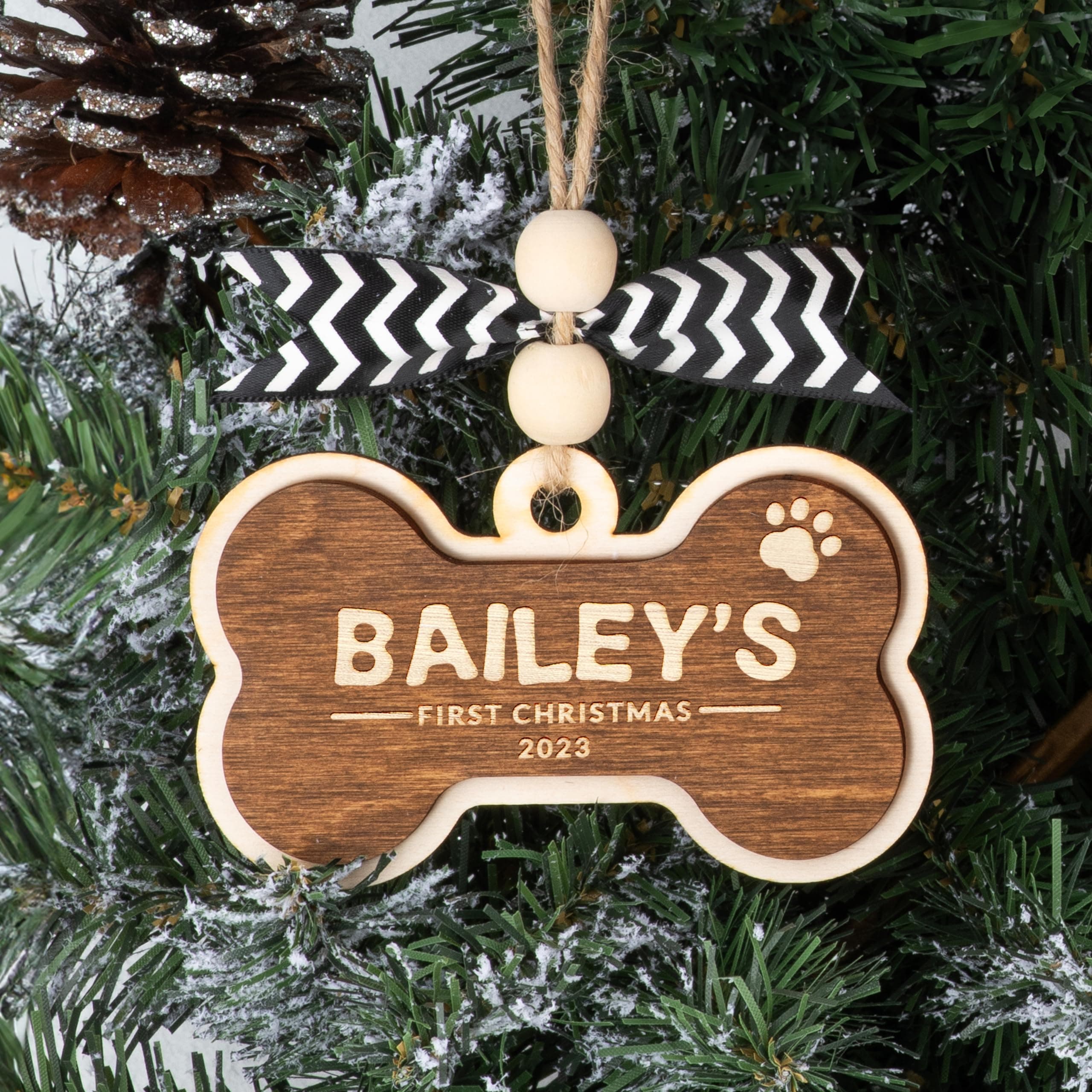 Bone Shaped Ornament Personalized with Name - 3 Colors, 6 Designs - Wooden Bone-Shaped Ornament for Christmas Tree, Dog's First Christmas Ornament, Custom Engraved Bone Shaped Ornament 2023