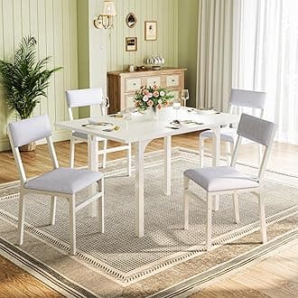 Dining Table Set for 4, Extendable Kitchen Table Cushion Chairs Set of 4, Rectangle Dining Table with Metal Frame & MDF Board, Folding for Small Apartment Saving Space, White