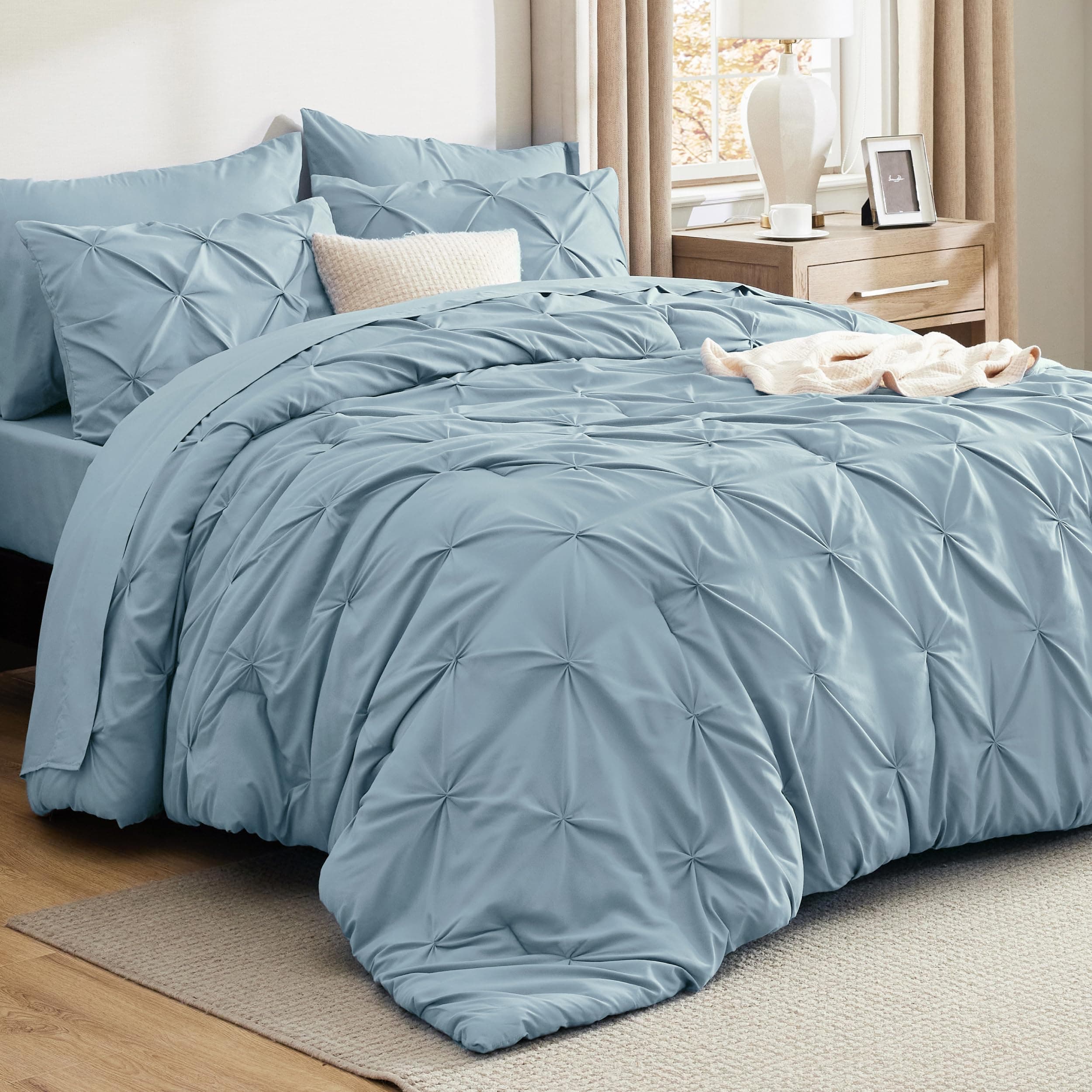 Bedsure King Size Comforter Set Light Blue - Bed in a Bag Bedding Set 7 Pieces, GentleSoft™ Pintuck Bed Set Gift for Family, Pinch Pleat Light Blue Comforter with Sheets, Pillowcases & Shams