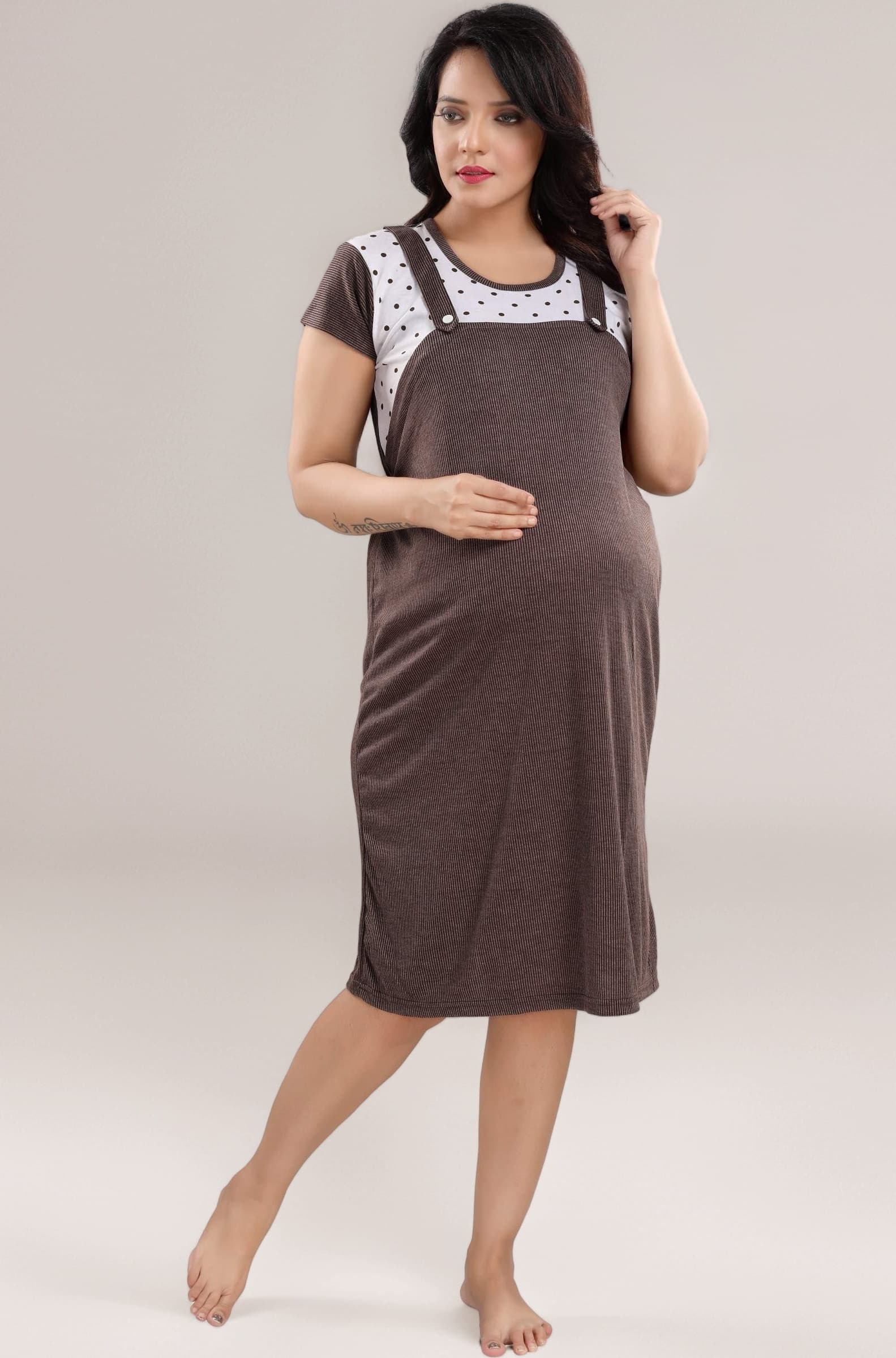 Fabme Women's Polyester Blend Dungaree Knee Length Nighty Pre and Post Pregnancy
