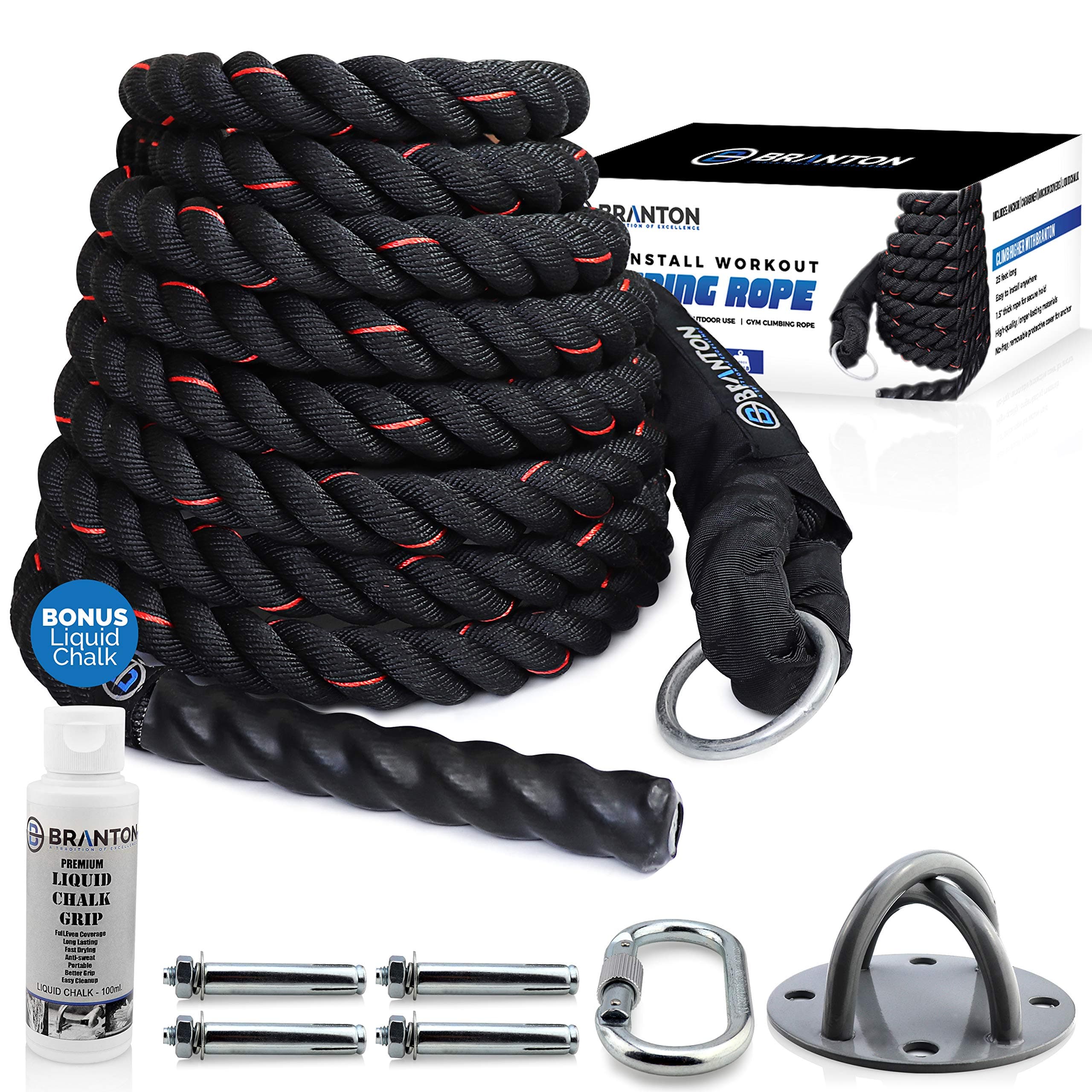 Easy-Install Workout Climbing Rope - 25 feet Exercise Climbing Rope w/Anchor, Carabiner, Anchor Covers & Liquid Chalk - Safe & Sturdy, Great for Indoor & Outdoor Use - Gym Climbing Rope