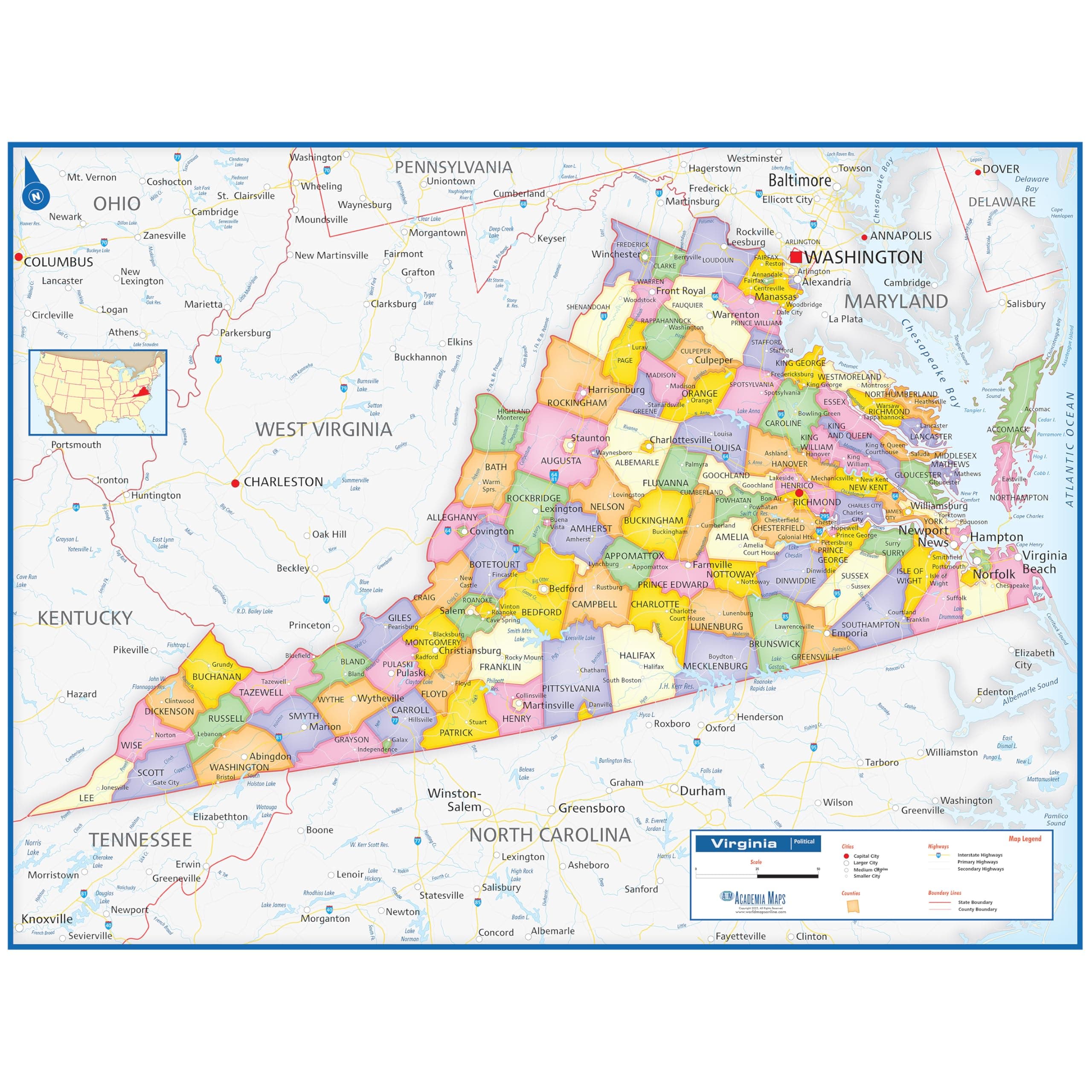 54 x 41 Large Virginia State Wall Map Poster with Counties - Classroom Style Map with Durable Lamination - Safe for Use with Wet/Dry Erase Marker - Very popular for educators and homeschool!