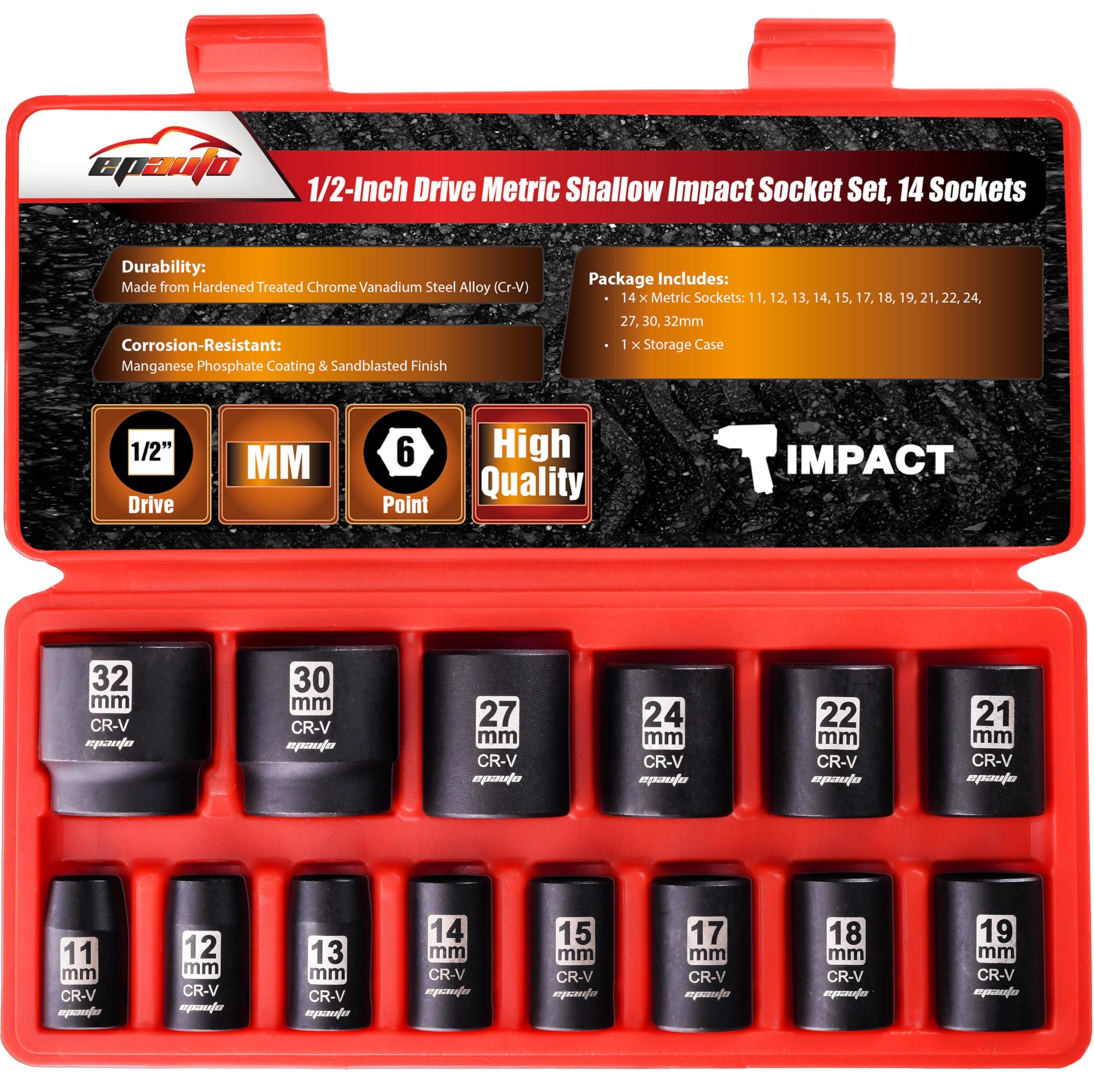 EPAuto 1/2-Inch Drive Metric Shallow Impact Socket Set, Cr-V, 6-Point, 14 Sockets