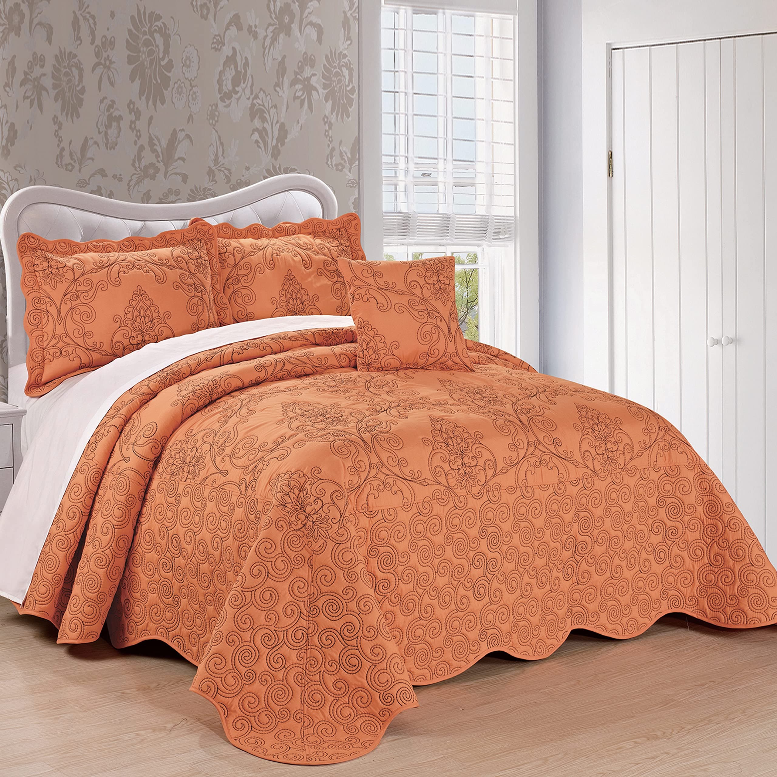 Home Soft ThingsSerenta Damask 4 Piece Bedspread Set, King, Nectarine