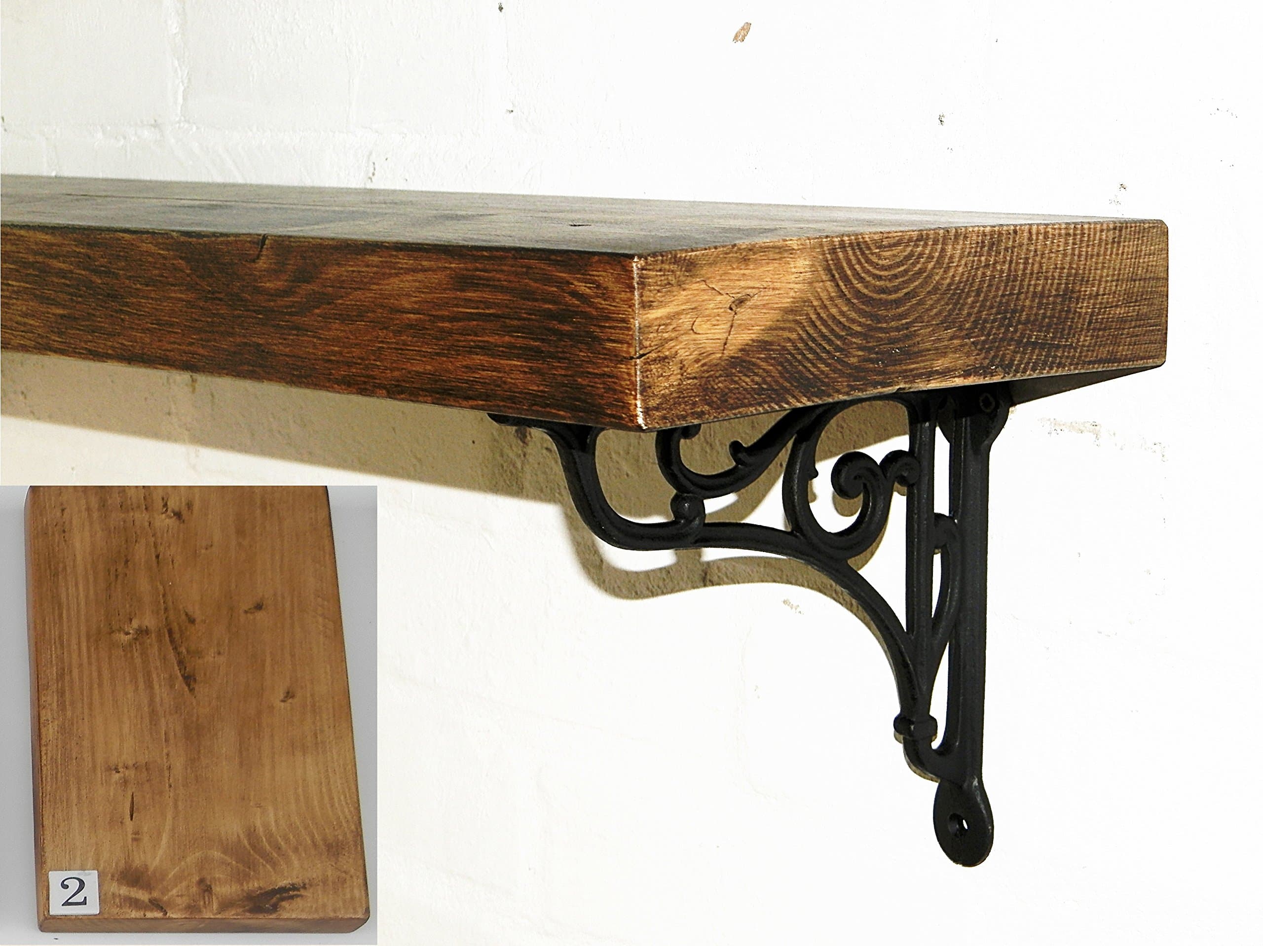 RusticWoodenCrafts Solid Wood Mantel Floating Shelf With Cast Iron Wall/Shelf Brackets 4ft Rustic Pine