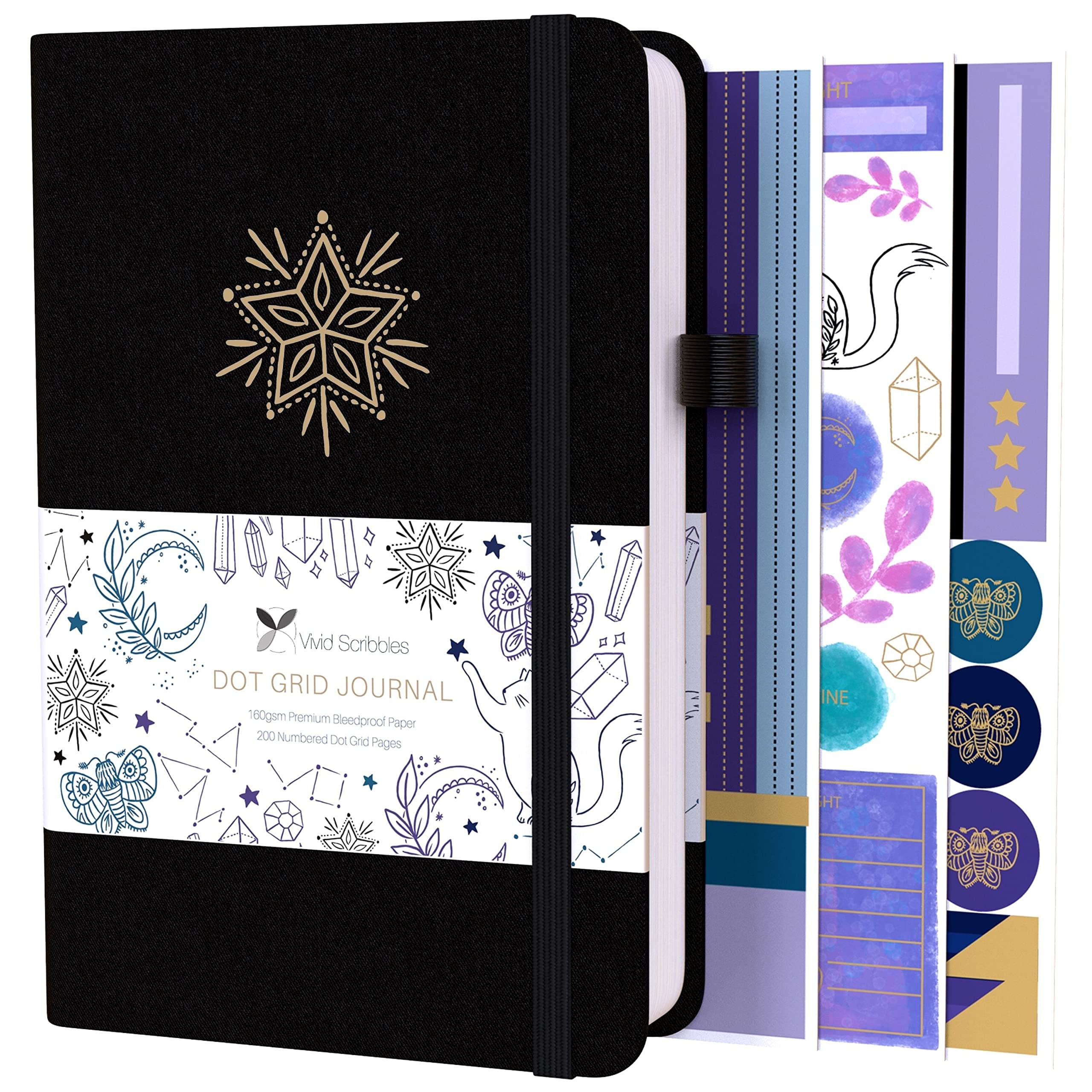 VIVID SCRIBBLES Dotted Journal – 160gsm Bleed Proof Thick White Paper – 200 Numbered Dot Grid Pages – 5.8 x 8.3 inch Dotted Bullet Notebook - Celestial Collection (Black)