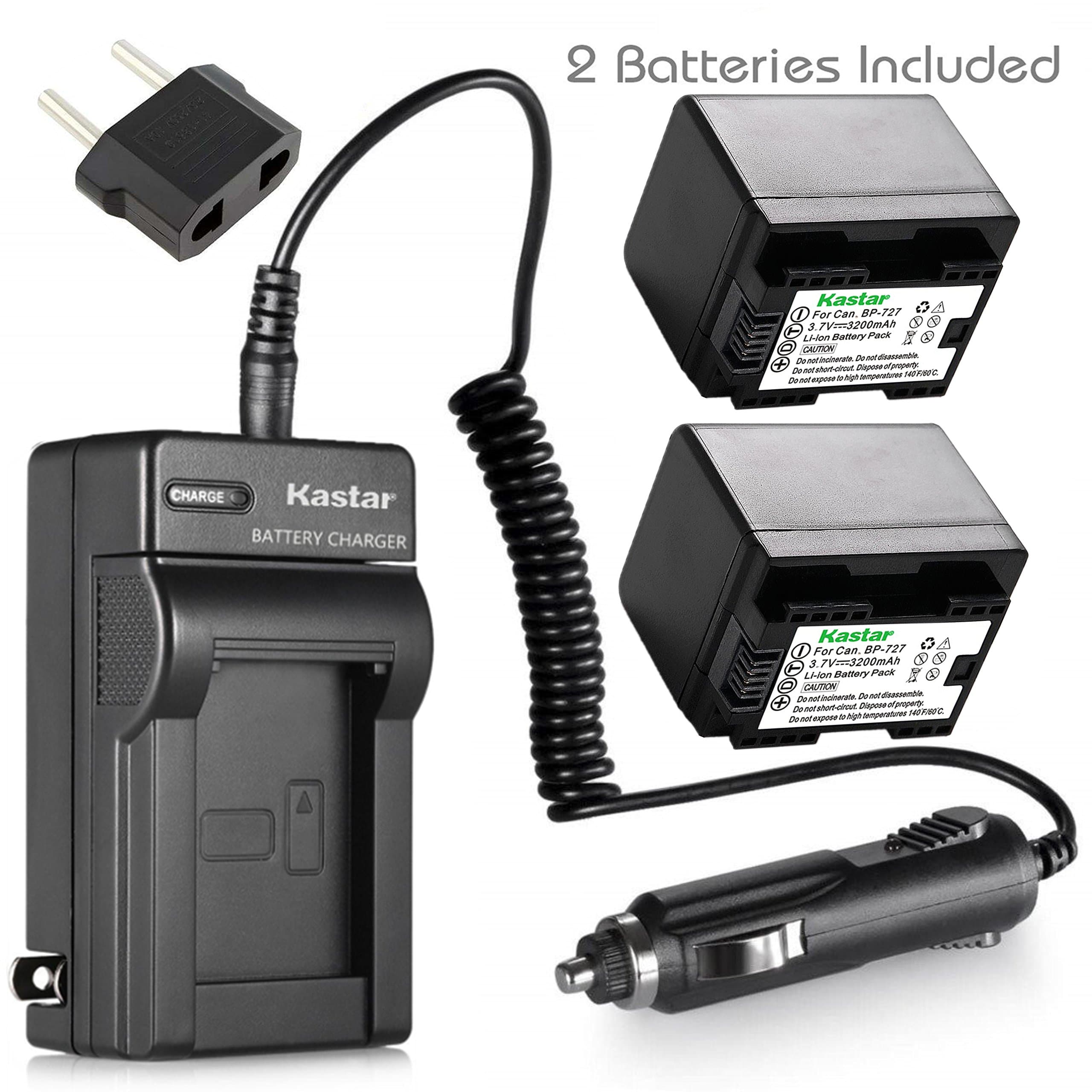 Kastar (FULLY DECODED) Battery (2-Pack) + Charger for Canon BP-727 and VIXIA HF M50, HF M52, HF M500, HF R30, HF R32, HF R40, HF R42 , HF R50, HF R52, HF R60, HF R62, HF R300, HF R400, HF R500, HF R600