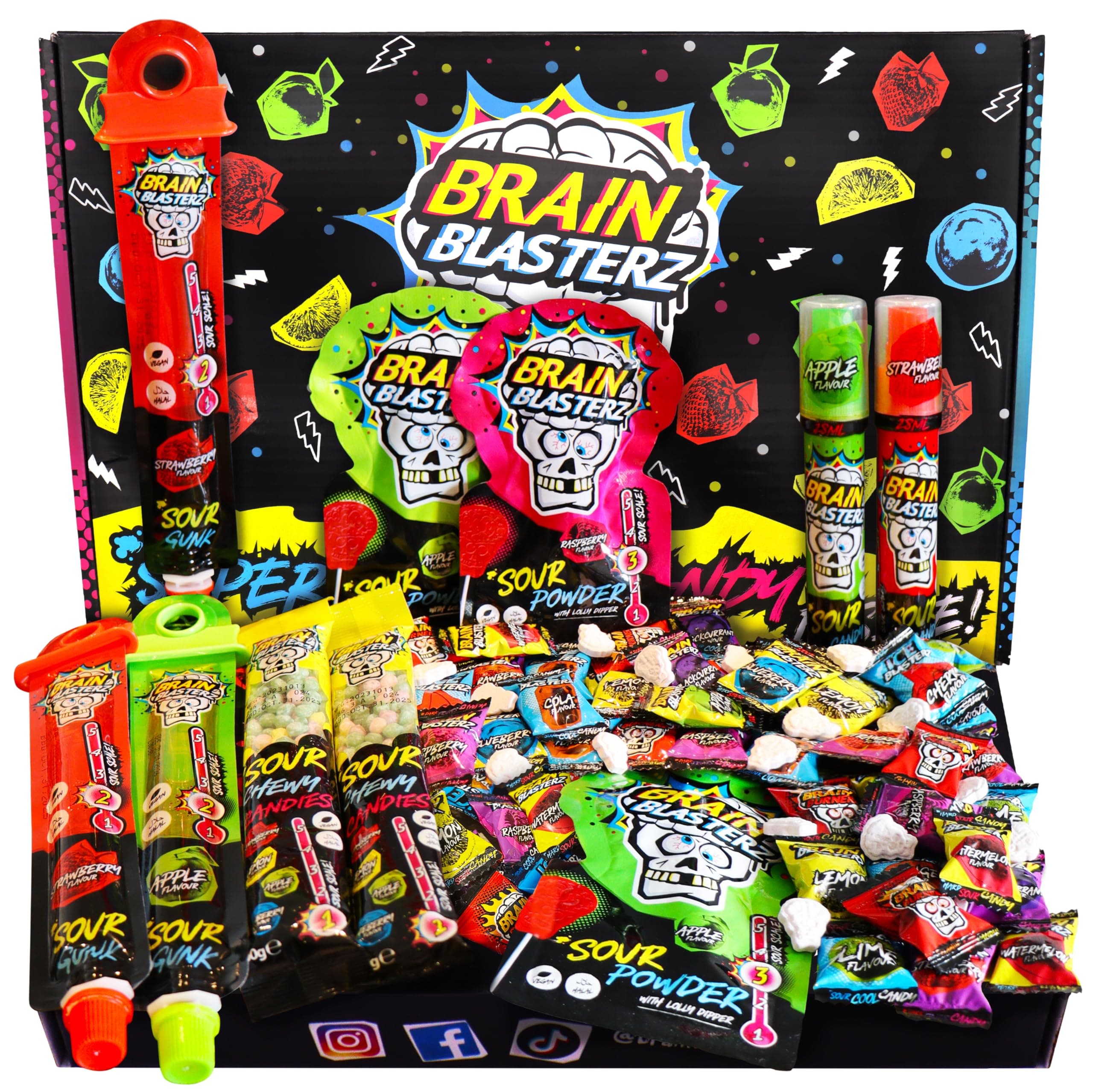 Brain Blasterz Sour Candy Variety Pack - 22 Piece Assorted Candy Box, Bulk Sour Candy Mix, Individually Wrapped Snack Box with Hard Candy, Lollipops & Taffy for Easter, Halloween, Birthdays & Parties