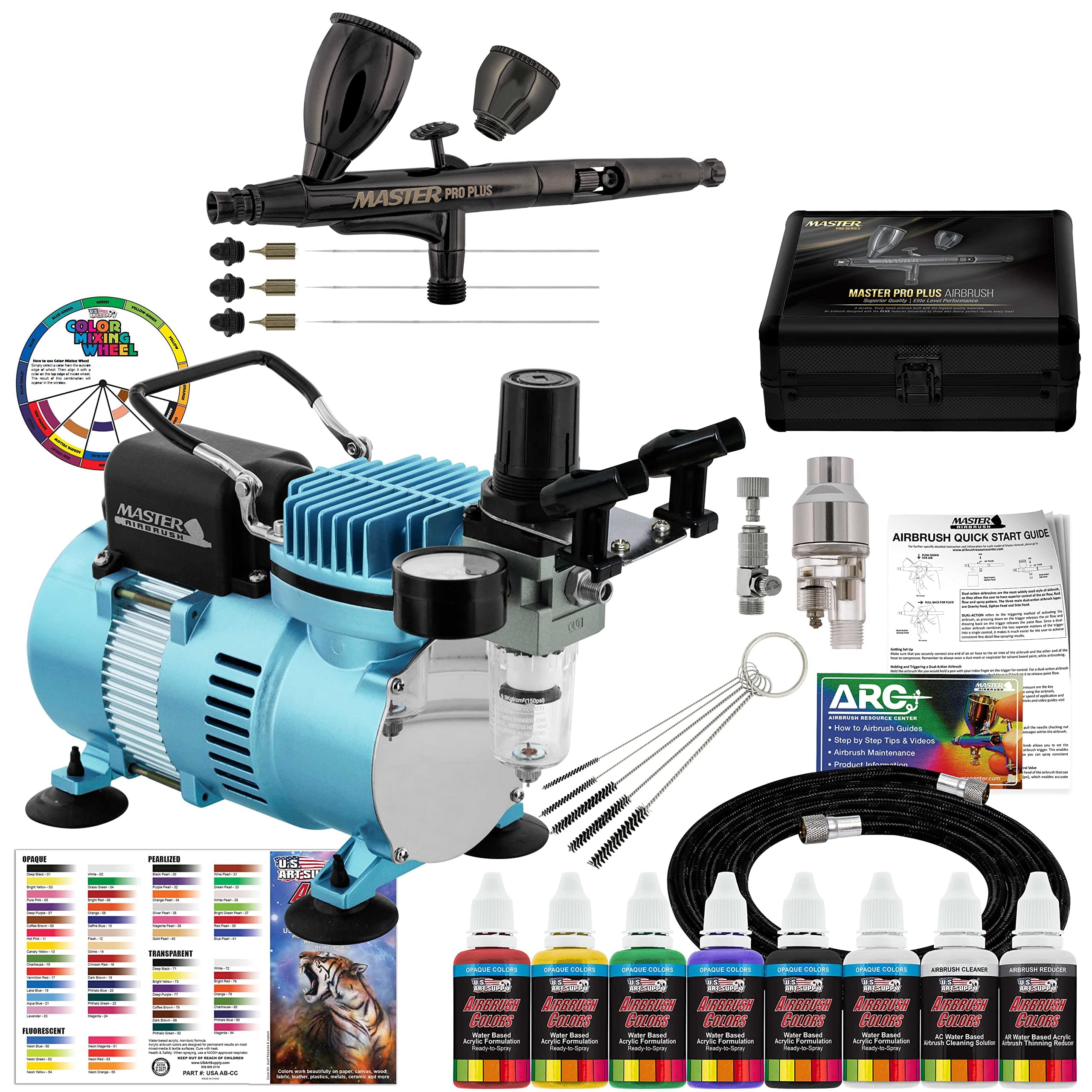Master Airbrush Cool Runner II Dual Fan Air Compressor System Kit with Master Pro Plus Ultimate Airbrush Set with 3 Tips 0.2, 0.3 & 0.5 mm, Case, Dual-Action, 2 Cups, 6 Color Acrylic Paint Artist Set