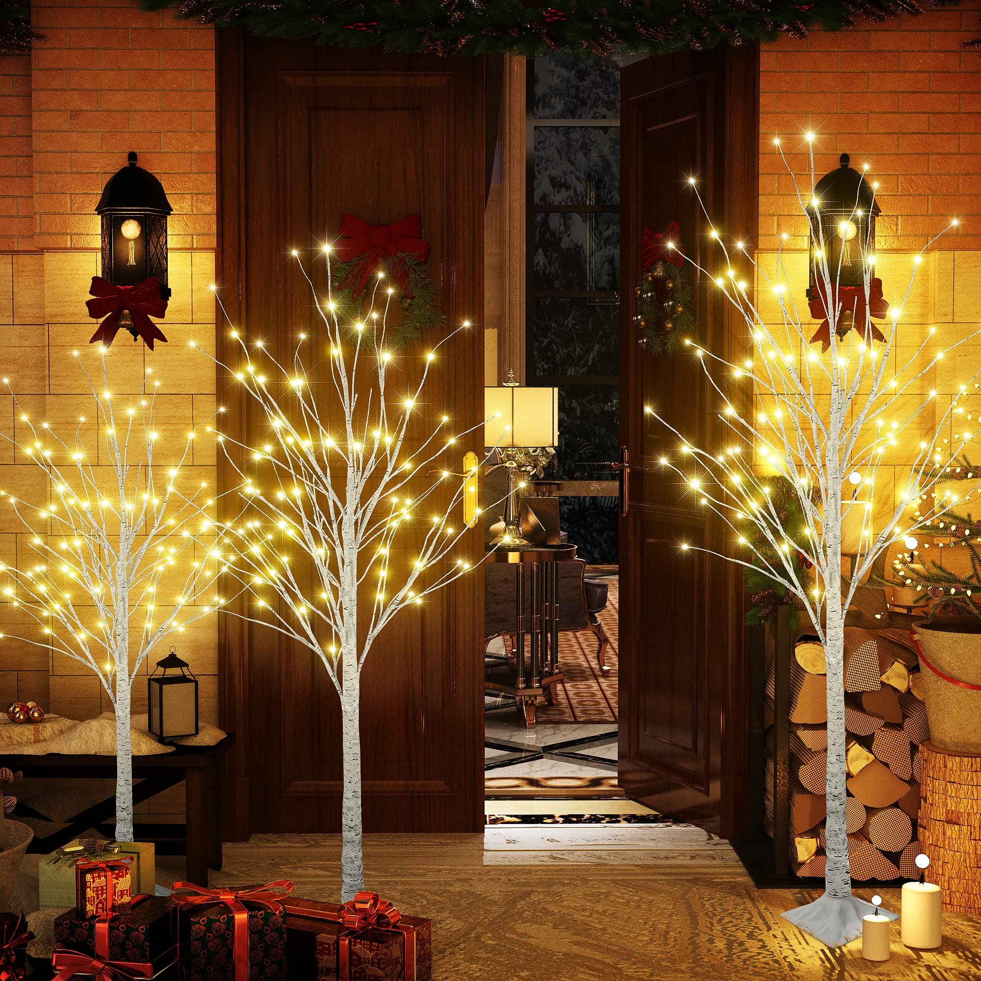 Lighted Birch Trees, 4FT 5FT 6FT(48 56 96LED) Pre-lit Birch Tree with Warm White, Artificial Birch Tree Outdoor/Indoor Christmas Easter Tree for Wedding Party Christmas Decoration -3PC