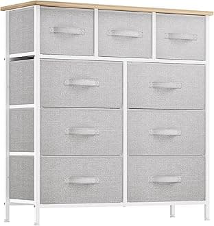 Dresser with 9 Drawers - Fabric Storage Tower, Organizer Unit for Room, Living Room, Hallway, Closets - Sturdy Steel Frame, Wooden Top & Easy Pull Fabric Bins (Light Gray)