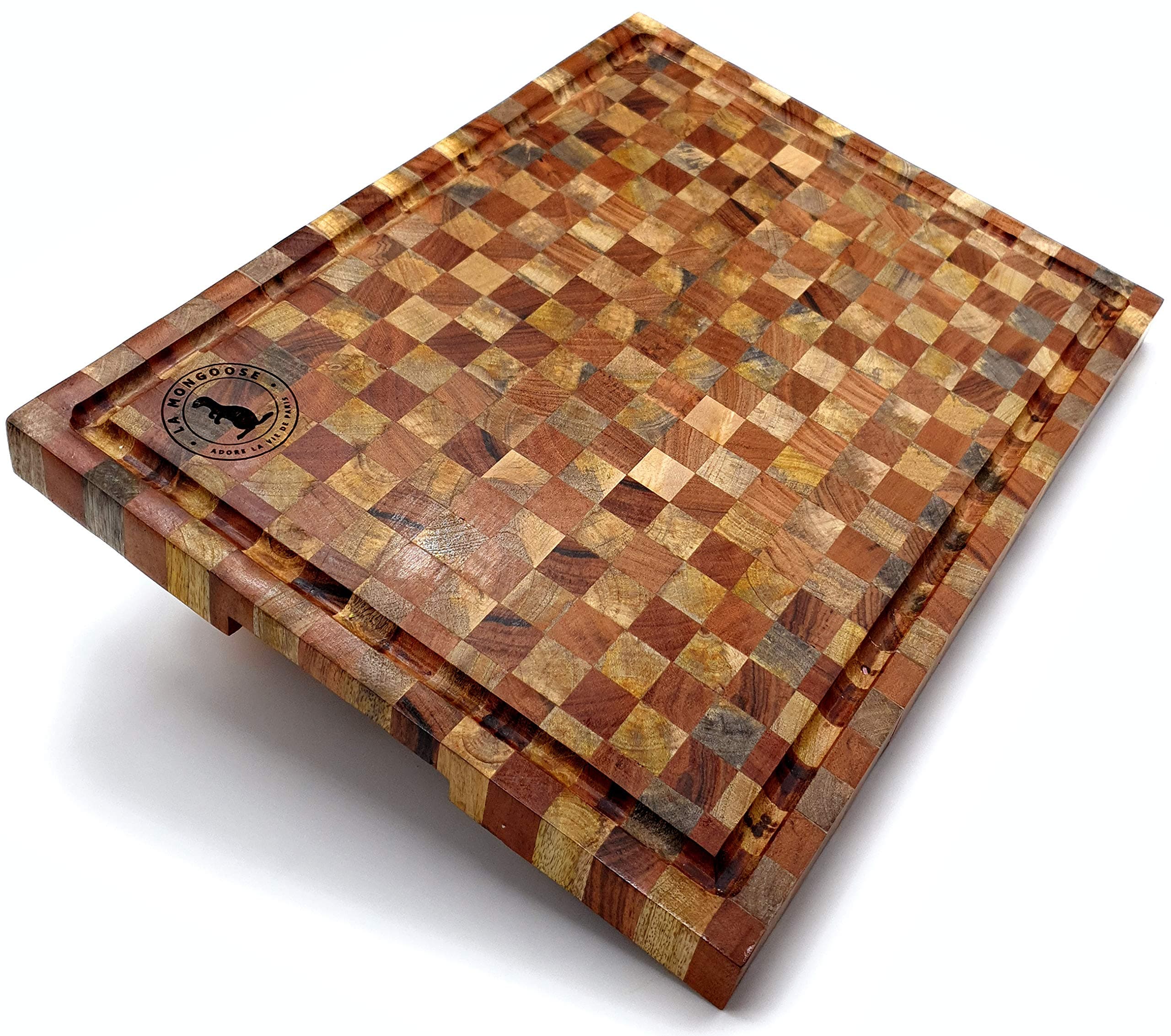 Mango & Acacia 44 x 33 x 3cm Extra-Large Wood Chopping Board with Juice Groove & Hand Grips. Luxury Fancy XL Thick Reversible Butcher Block Cutting Carving Serving Platter Tray. Wedding Gift Idea