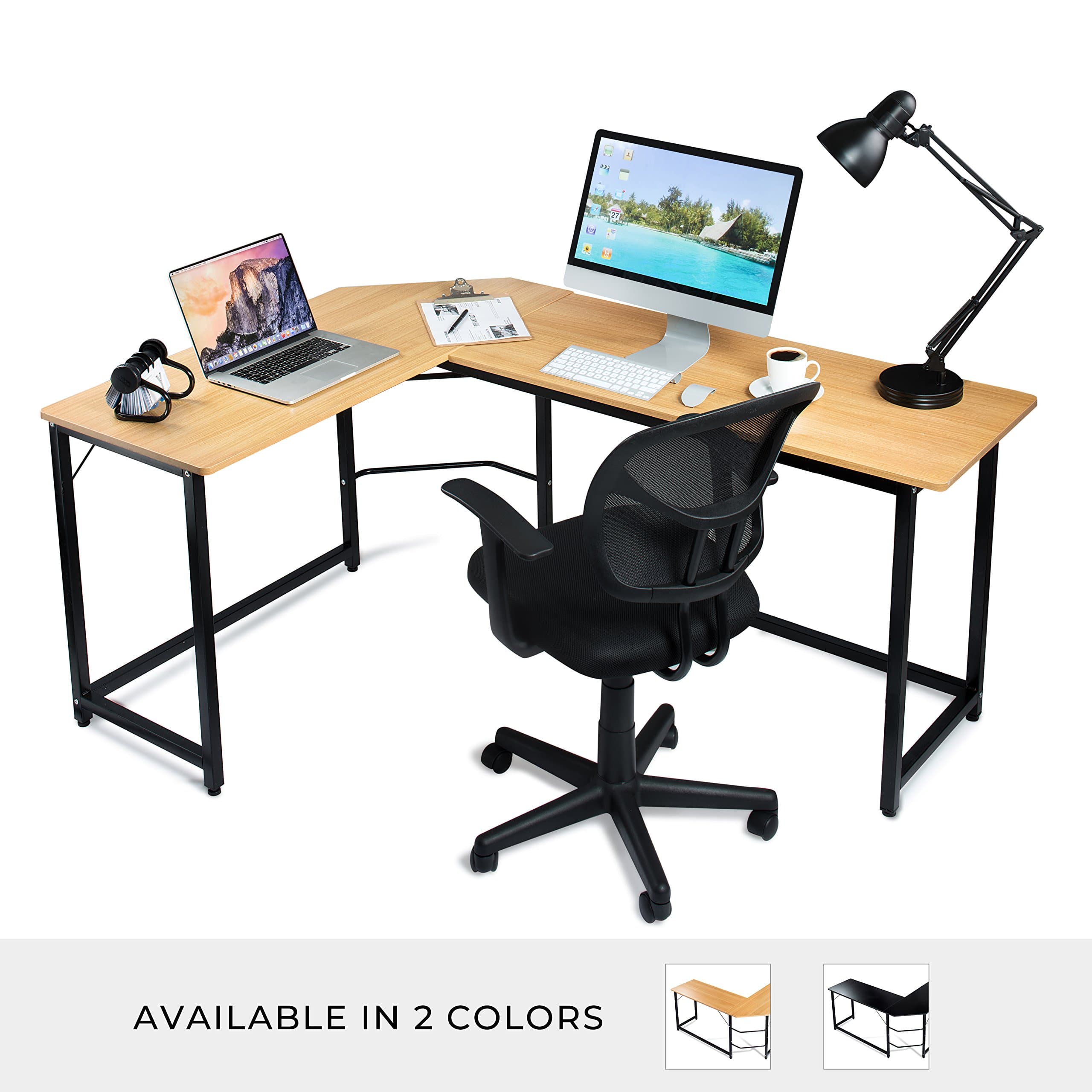 Modern L Shaped Computer Desk Home Office Corner Desk – 66” x 49” Teak Wood Laminated Table and Black Metal Frame - Easy Assembly Tools and Instructions Included