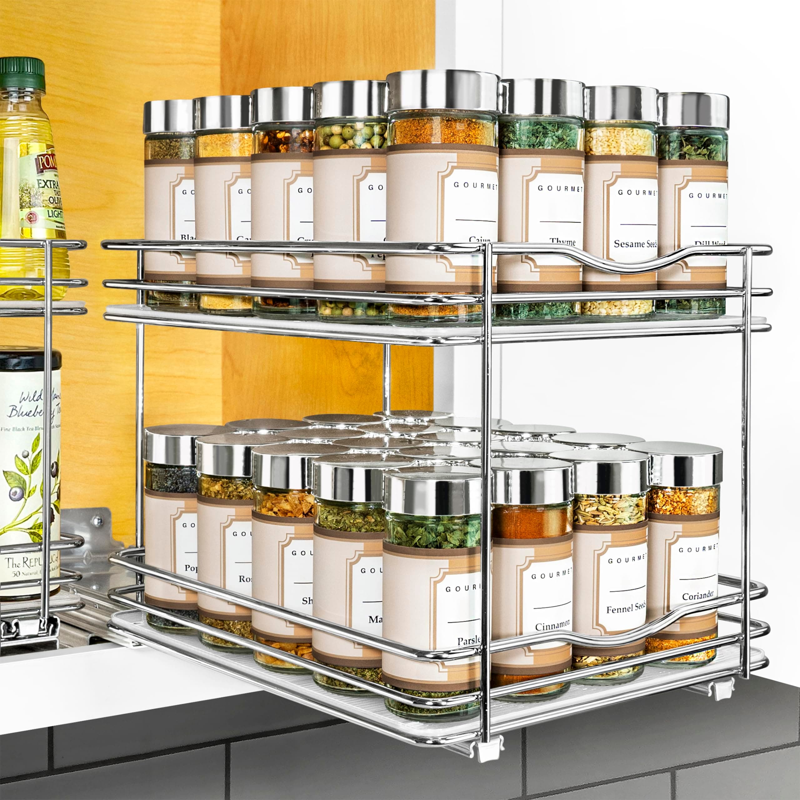 LYNK PROFESSIONAL® Pull Out Spice Rack Organizer for Cabinet - Lifetime Limited Warranty - Slide Out Rack - 8-1/4 inch Wide Sliding Spice Organizer Shelf - Double - Chrome
