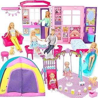 Doll House Portable & Foldable Dollhouse w/ 60+ Pcs & 2 Dolls, Play House Toy with Bedroom Kitchen Furniture Camping Playset, Playhouse Birthday Gift for Girl Kid Toddler