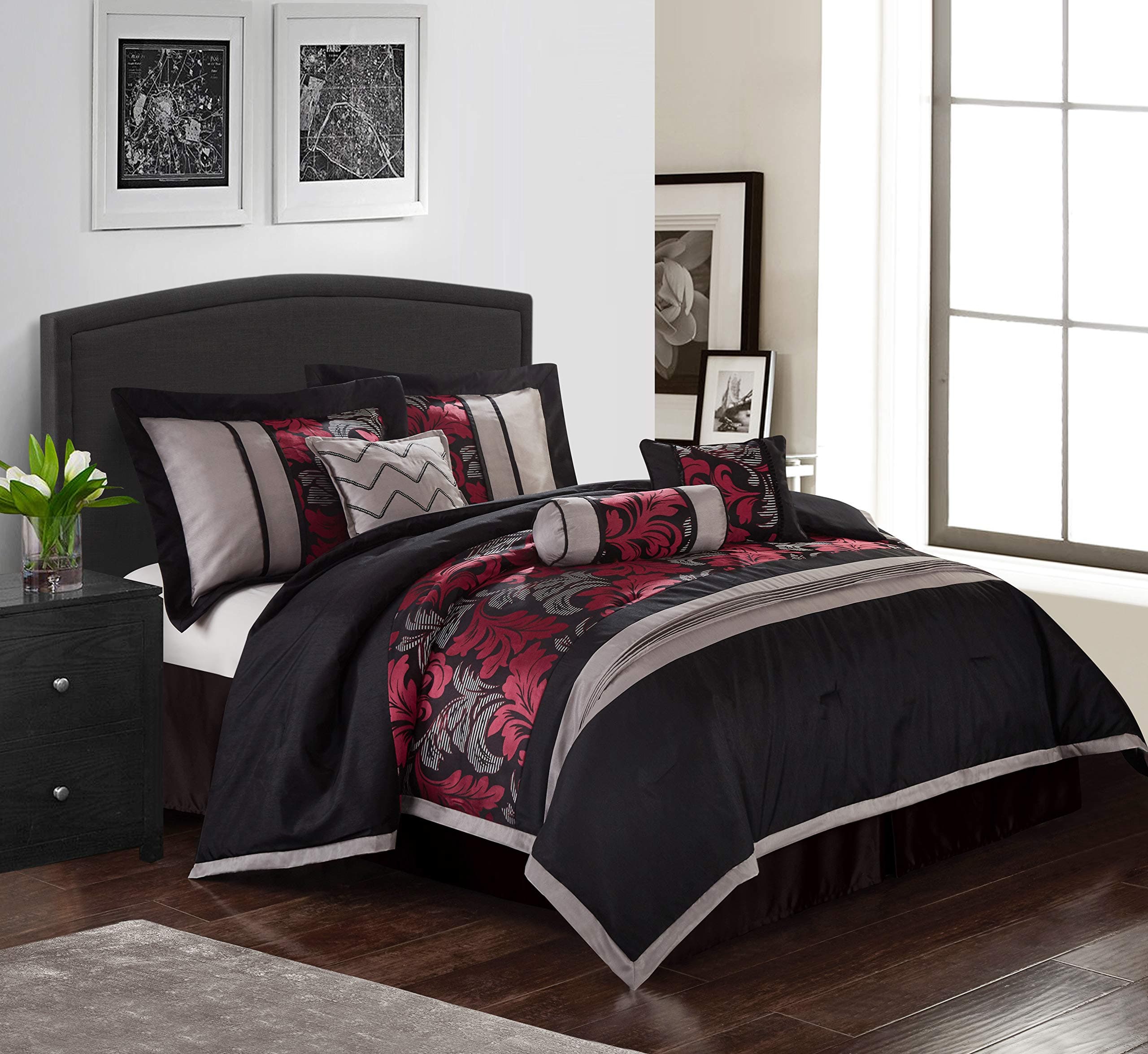 Nanshing Lincoln Collection Bedroom Comforter Set, Complete 7 Piece Set, Red, King