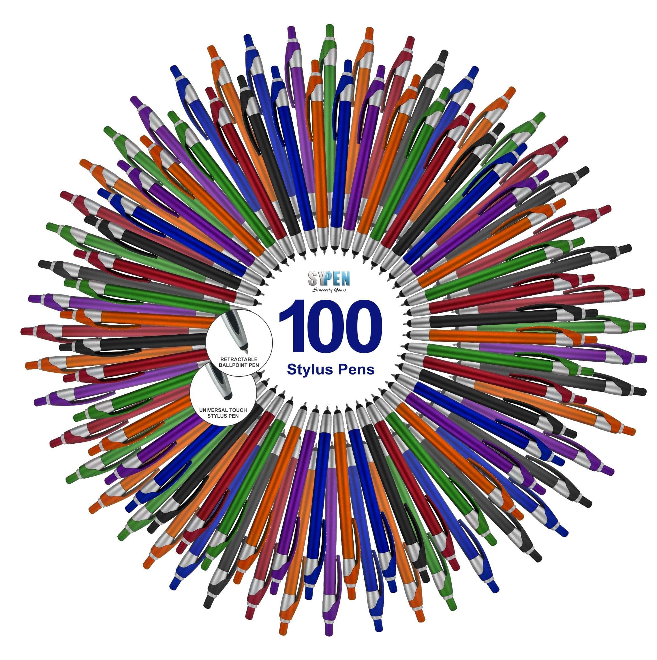 Stylus with Ball Point Pen for iPad iPhone, iPod Touch, Motorola Samsung Galaxy Asus (100 Pack)