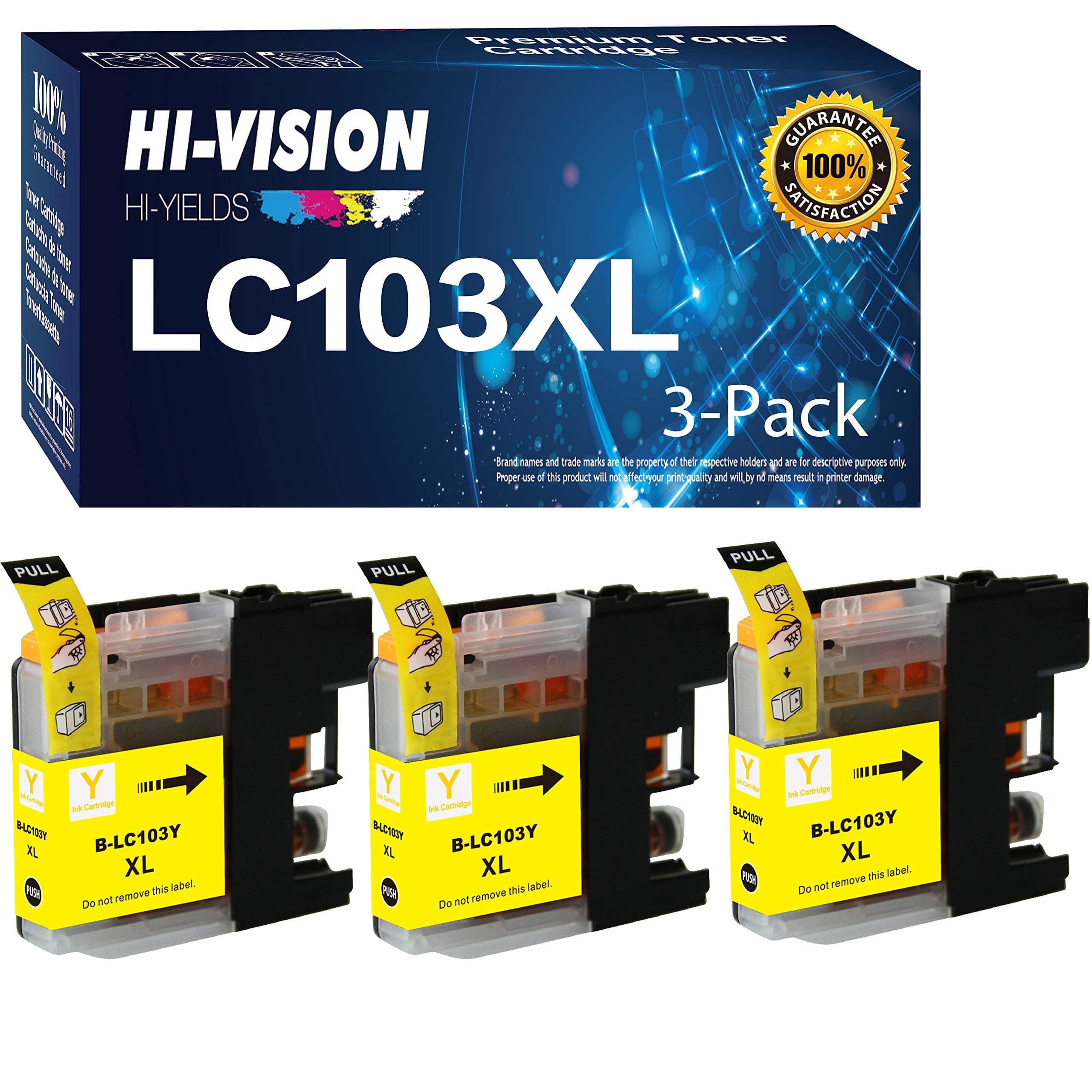 HI-VISION HI-YIELDS 3 Pack Compatible LC-103 LC103 XL High Yield Yellow Ink Cartridge Replacement for DCP-J152W MFC-J245 J285DW J450DW J470DW J475DW J650DW J870DW J875DW Printers