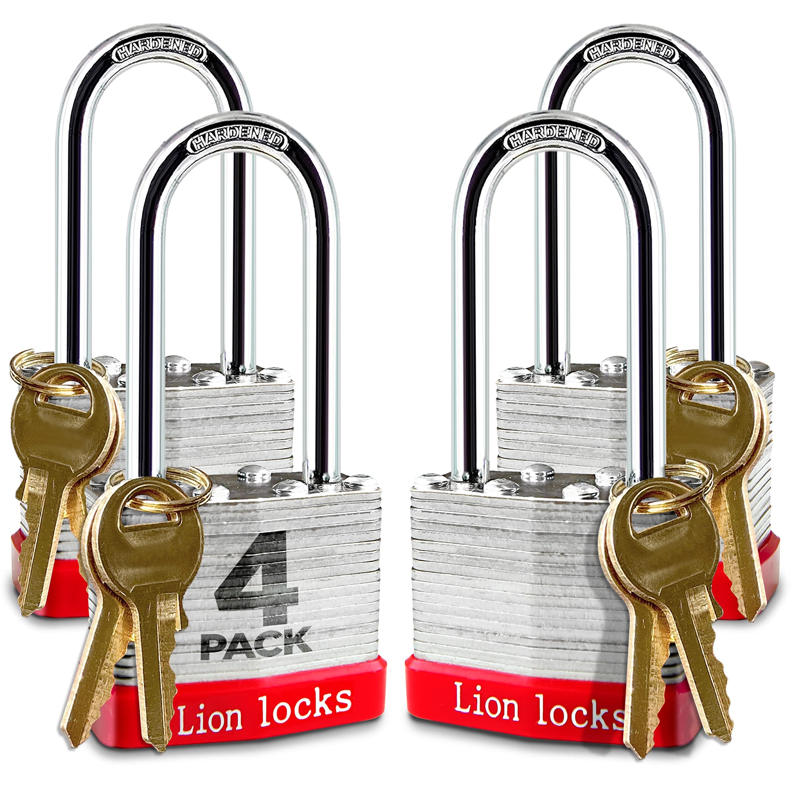 4 Keyed-Alike Padlocks w/ 2” Long Shackle, 8 Keys, Hardened Steel Pad Lock, Pick Resistant Brass Pin Cylinder (Pack of 4)
