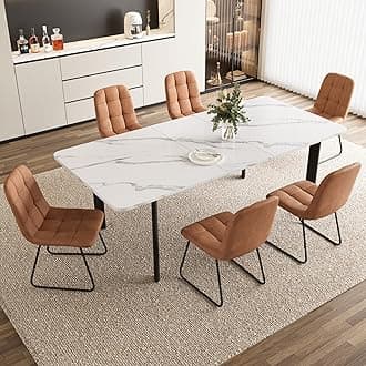 HIPIHOM Extendable Dining Table Set for 6-8 People, 63 to 78.7 Inch MDF Kitchen Table with 6 Upholstered Chairs, Space-Saving for Dining Room, Breakfast Nook (White Table & 6 Brown U-Shaped Chairs)