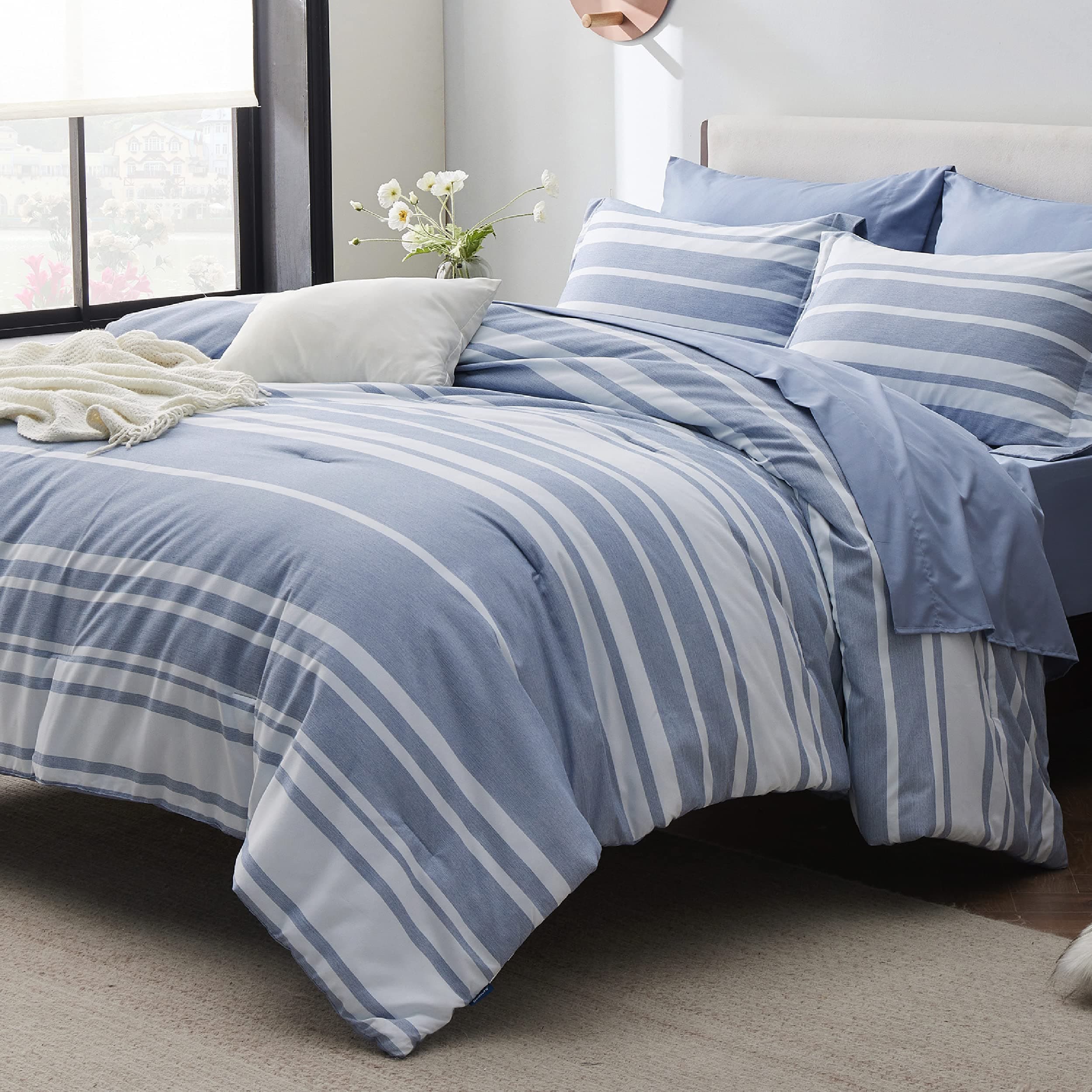 Bedsure Full Comforter Set 7 Pieces, Blue Striped Bedding Set for All Seasons, Reversible, Cationic Dyeing Bed in a Bag with Comforter, Sheets, Pillowcases & Shams