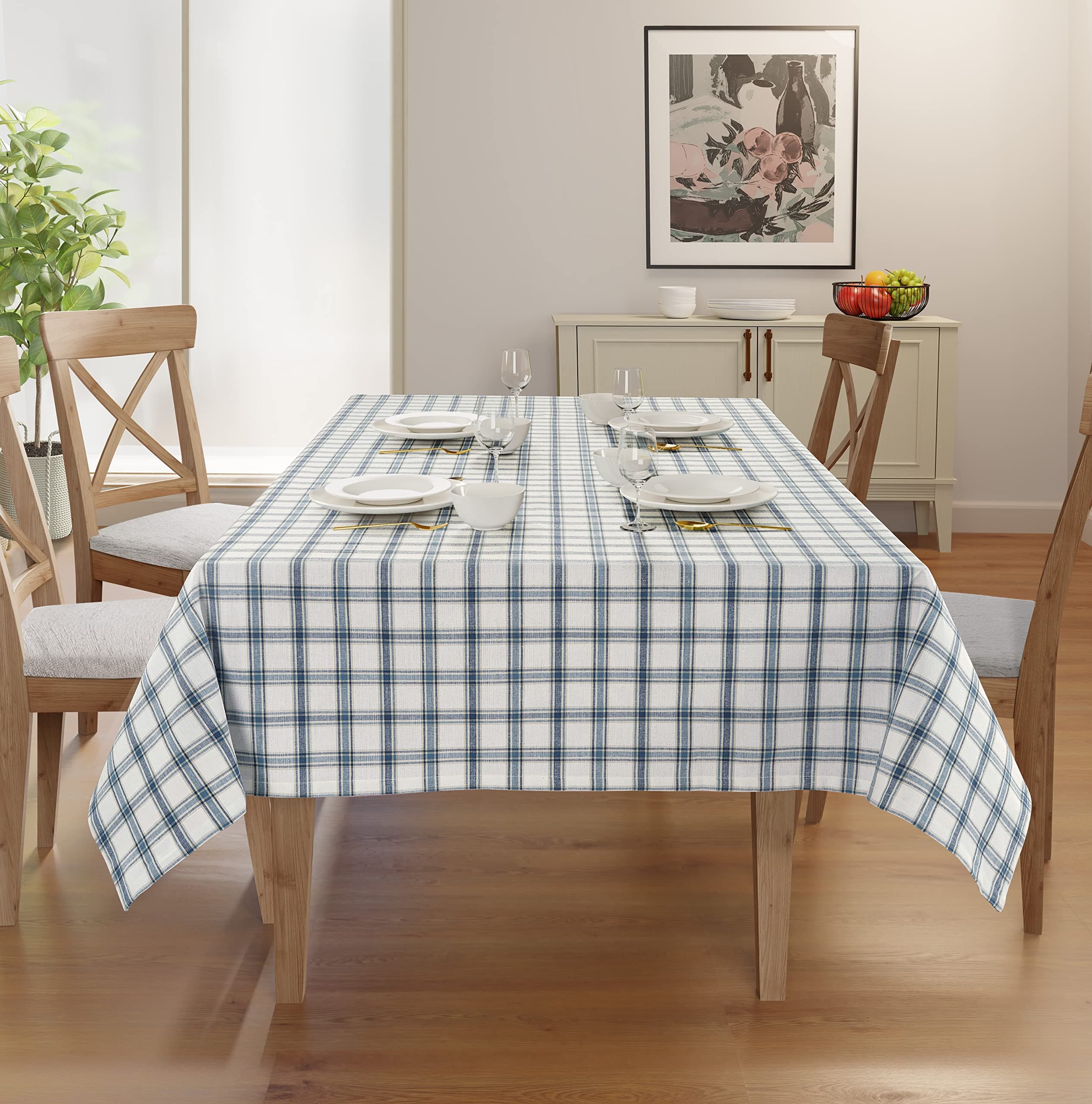 Rectangle Table Cloth - Table Cover - Cotton Mitered Stitched - Checks Table Covers for Kitchen Dining, Wedding, Decorations, & Parties - 60x120 in - Blue Plaid