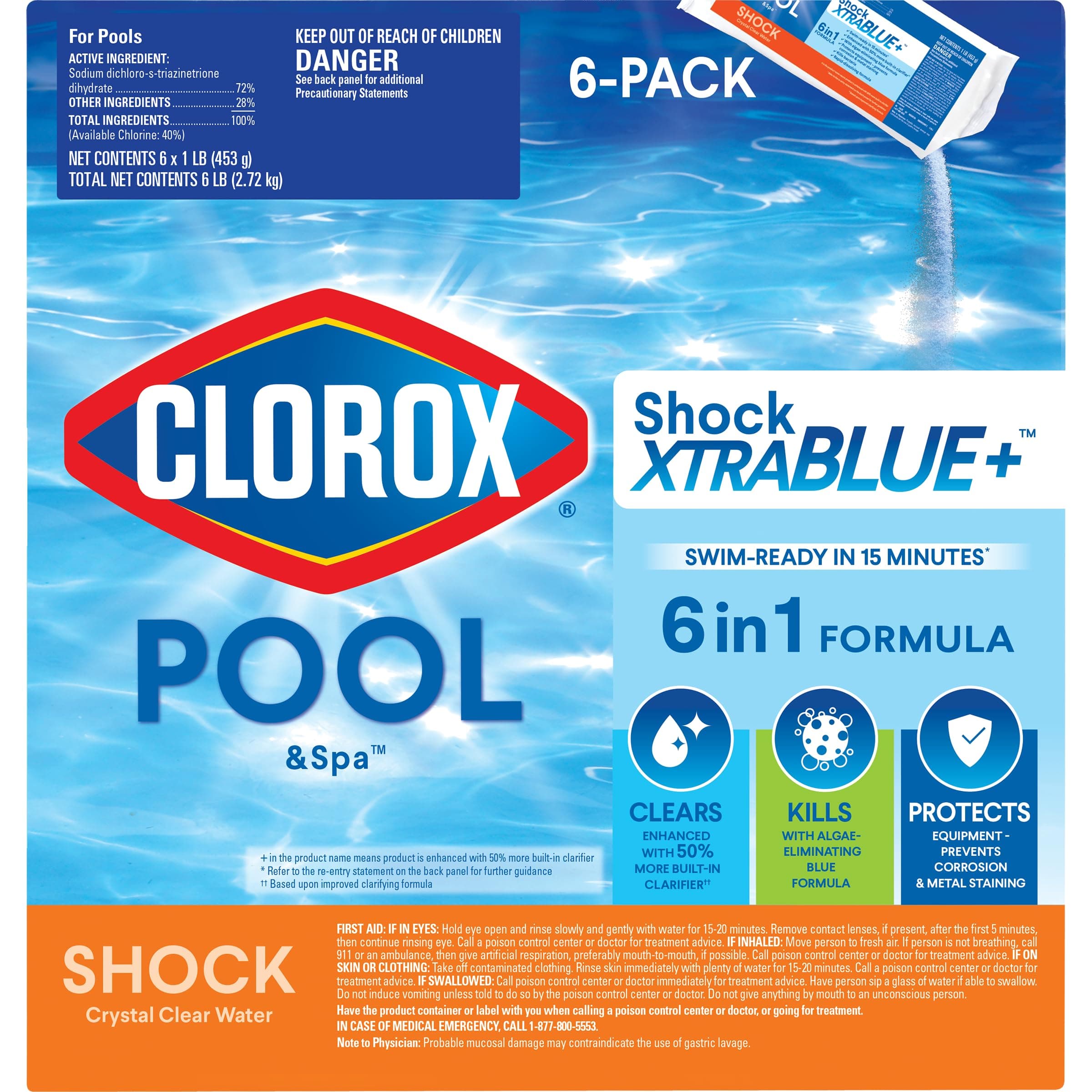 Clorox® Pool&Spa™ Shock XTRABLUE® Plus, Kills Bacteria & Algae in Swimming Pools, Swim-Ready in 15 Minutes, (6-Pack)