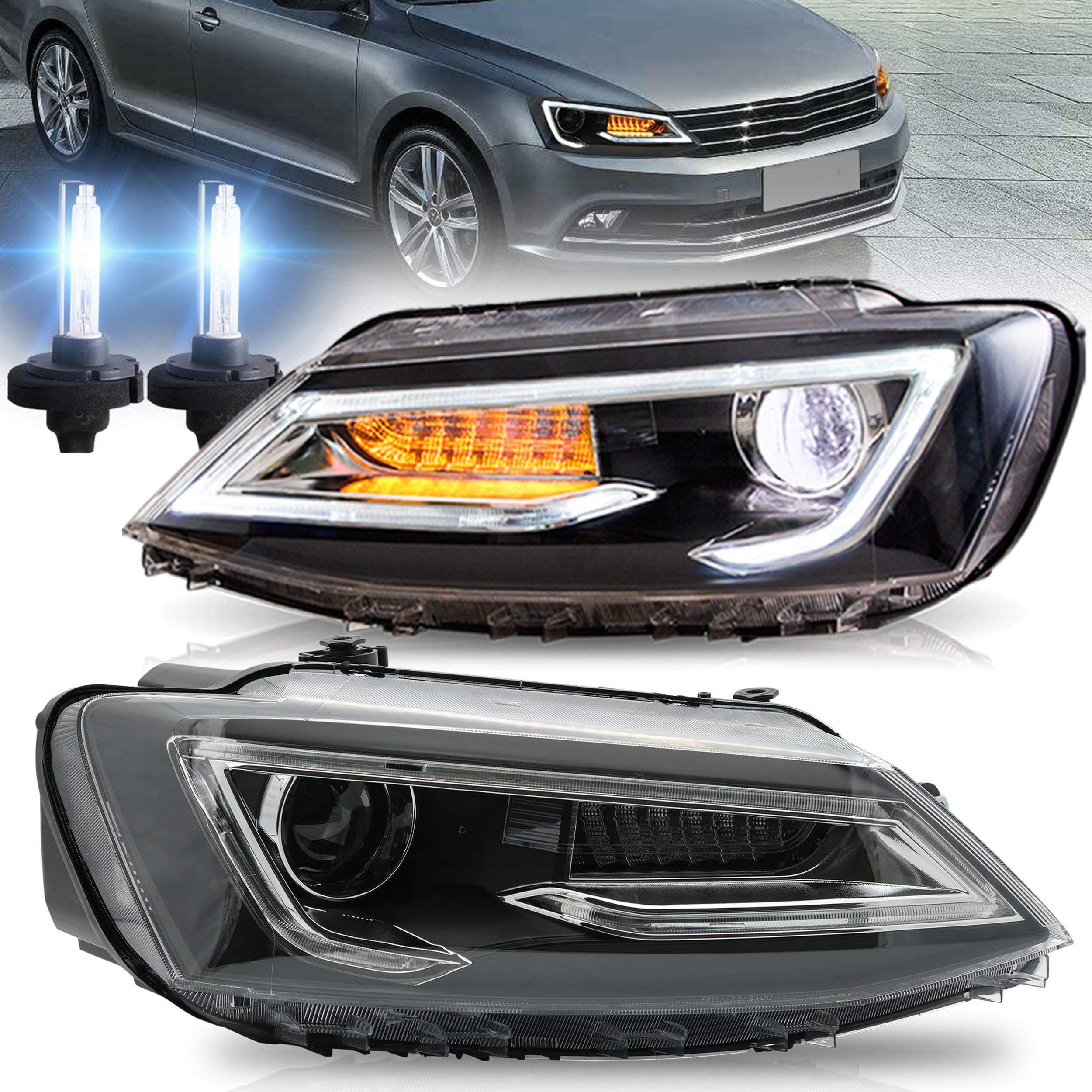 Headlights Fit for 2011-2018 Jetta 6th, with Sequential Turn Signal, Regular/D2H