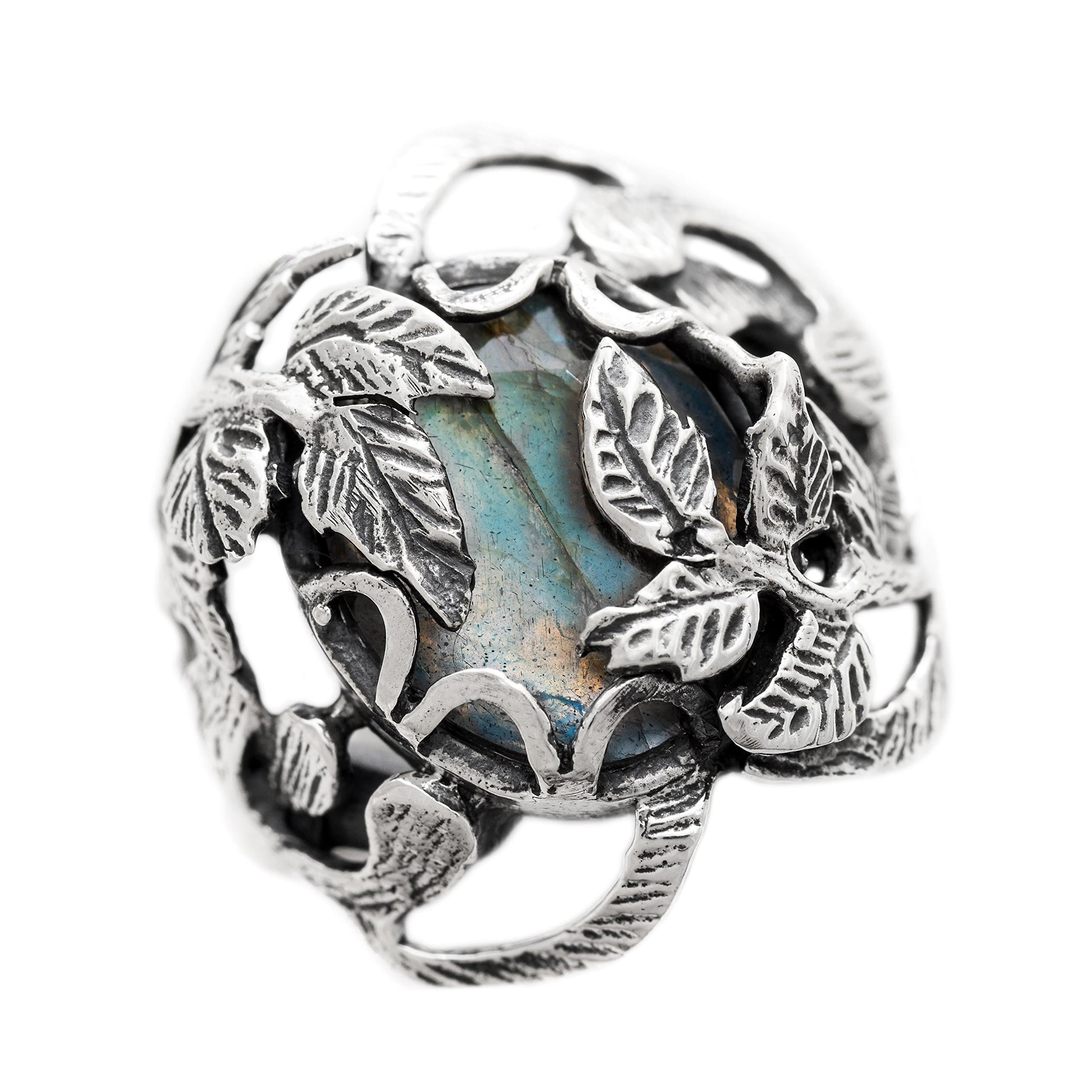 Unique Sterling Silver Flower Ring Labradorite (Black Rainbow Moonstone) , Small Size