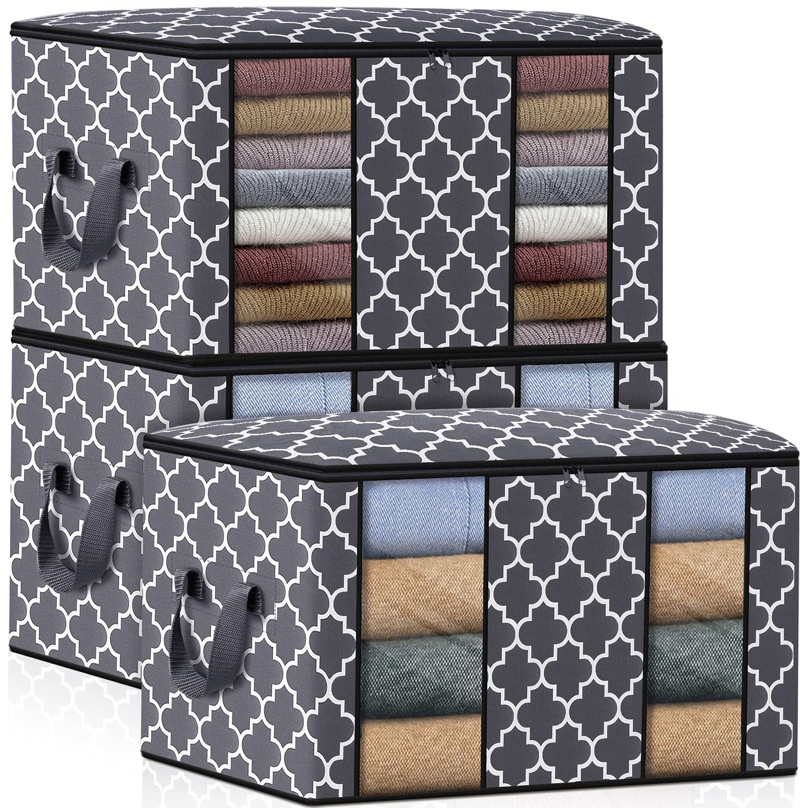 Fabtotes Clothes Storage Bag Organizer [3 Pack/100L], Large Capacity Clothes Organization with Reinforced Handle and Clear Window, Foldable Storage Containers for Comforter, Blanket, Bedding, Grey