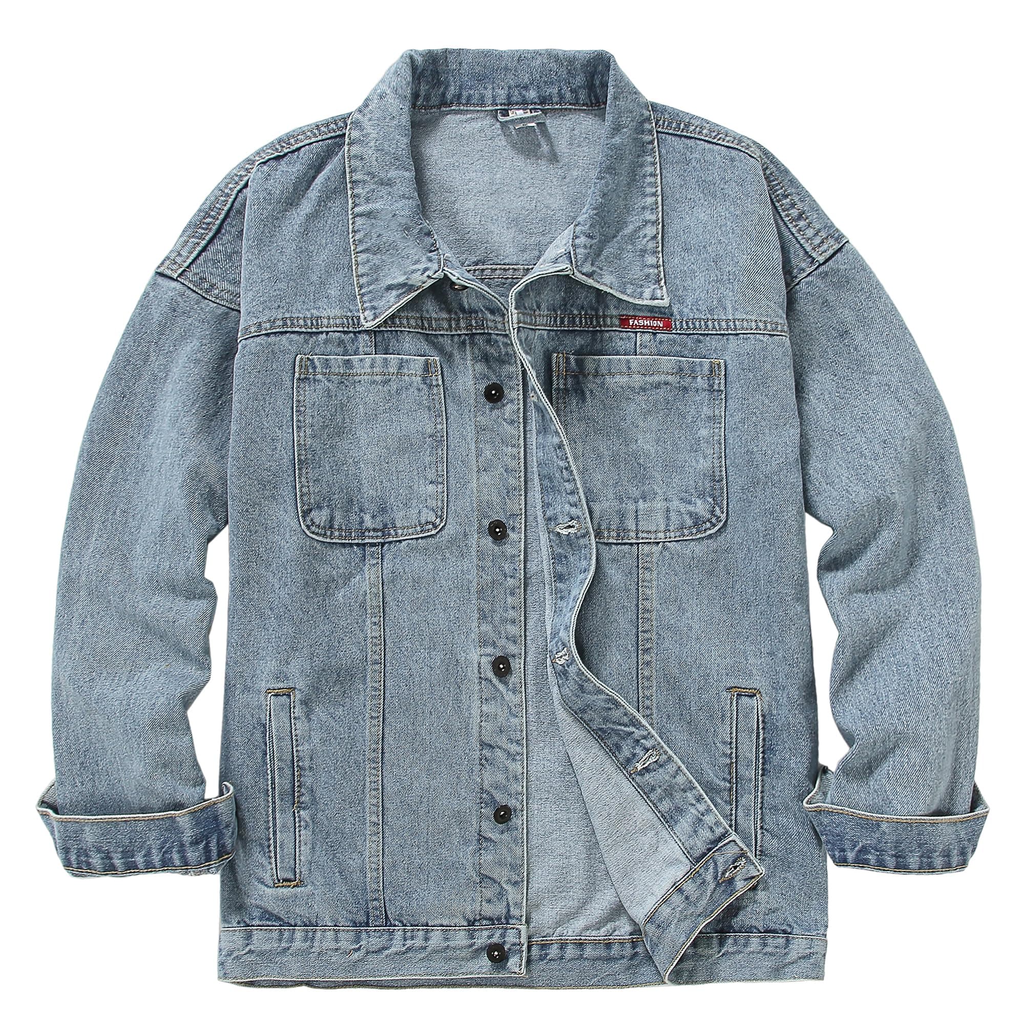 DOSLAVIDA Men's Distressed Denim Jacket Unisex Button Down Jean Coat Casual Long Sleeve Trucker Hooded Jackets Outwear