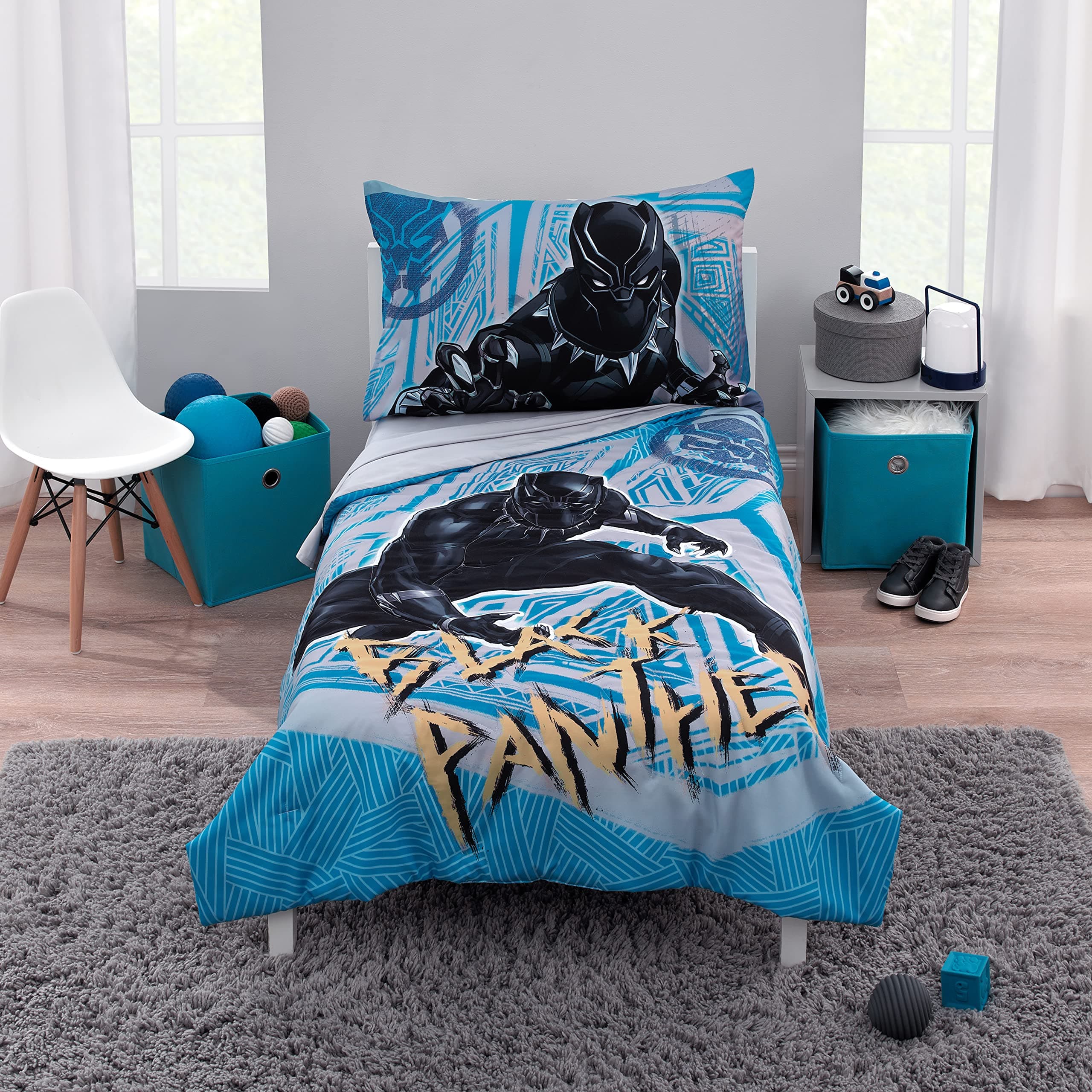 Marvel Black Panther Blue, Black, Grey Warrior King 4 Piece Toddler Bed Set - Comforter, Fitted Sheet, Flat Top Sheet, Reversible Pillow Cases