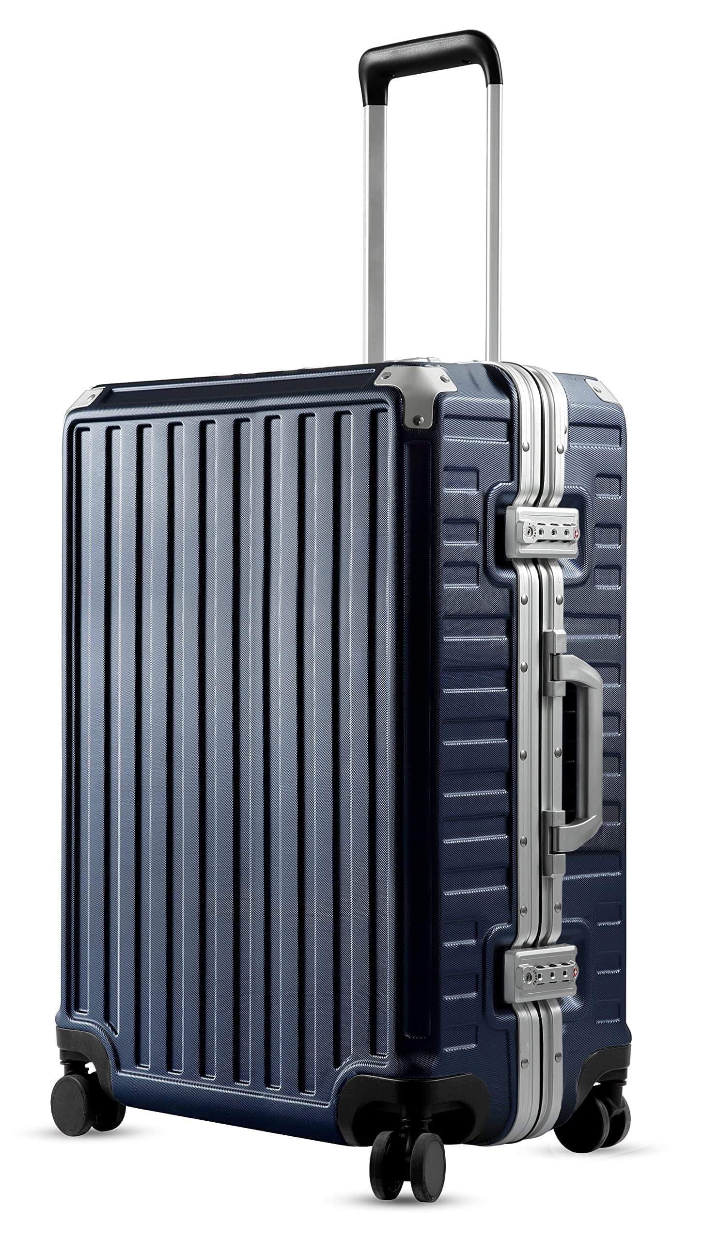 LUGGEX Hard Shell Checked Luggage with Aluminum Frame - 100% Polycarbonate No Zipper Suitcase with Spinner Wheels - 4 Metal Corner Hassle-Free Travel (Navy Blue Suitcase)