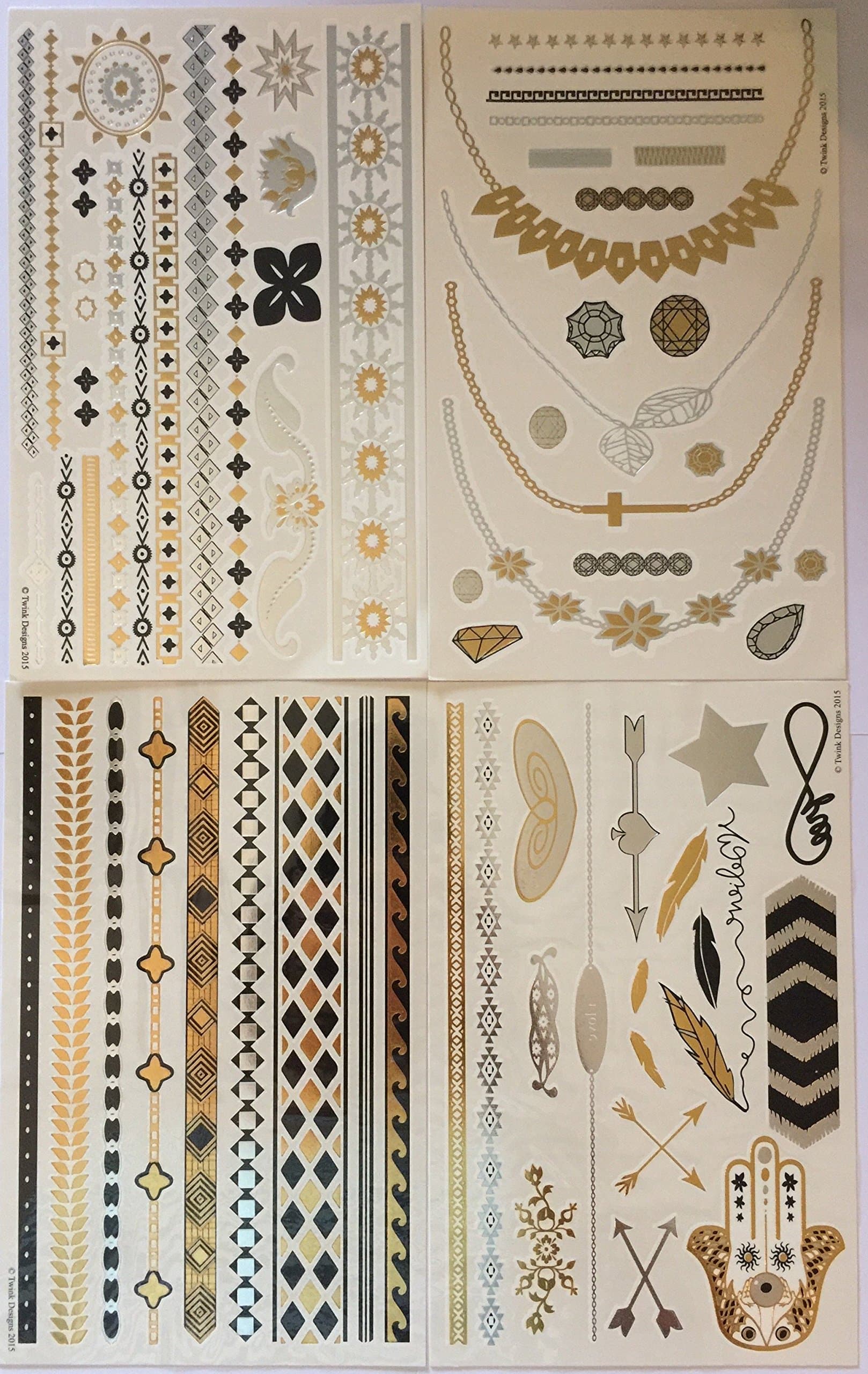 Metallic Temporary Tattoos (4 Different Sheets) - Beautiful Tattoo Flash & Body Art - Black, Silver & Gold Tattoo Jewelry - Trendy Tattoo Designs - Rings, Arrows, Bands, Necklaces, Feathers, Jewels and More | Twink Designs |