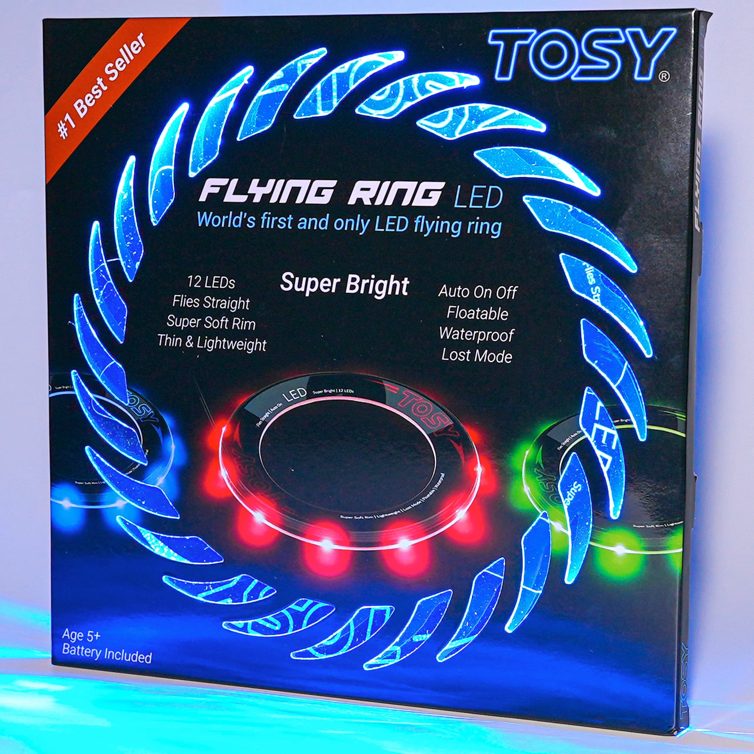 TOSY Flying Ring - 12 LEDs, Super Bright, Very Soft & Phosphorescent Rim, Auto Light Up, Safe, Waterproof, Lightweight frisbee, Cool Fun Christmas & Outdoor/Indoor Gift Toy for Boys/Girls/Kids