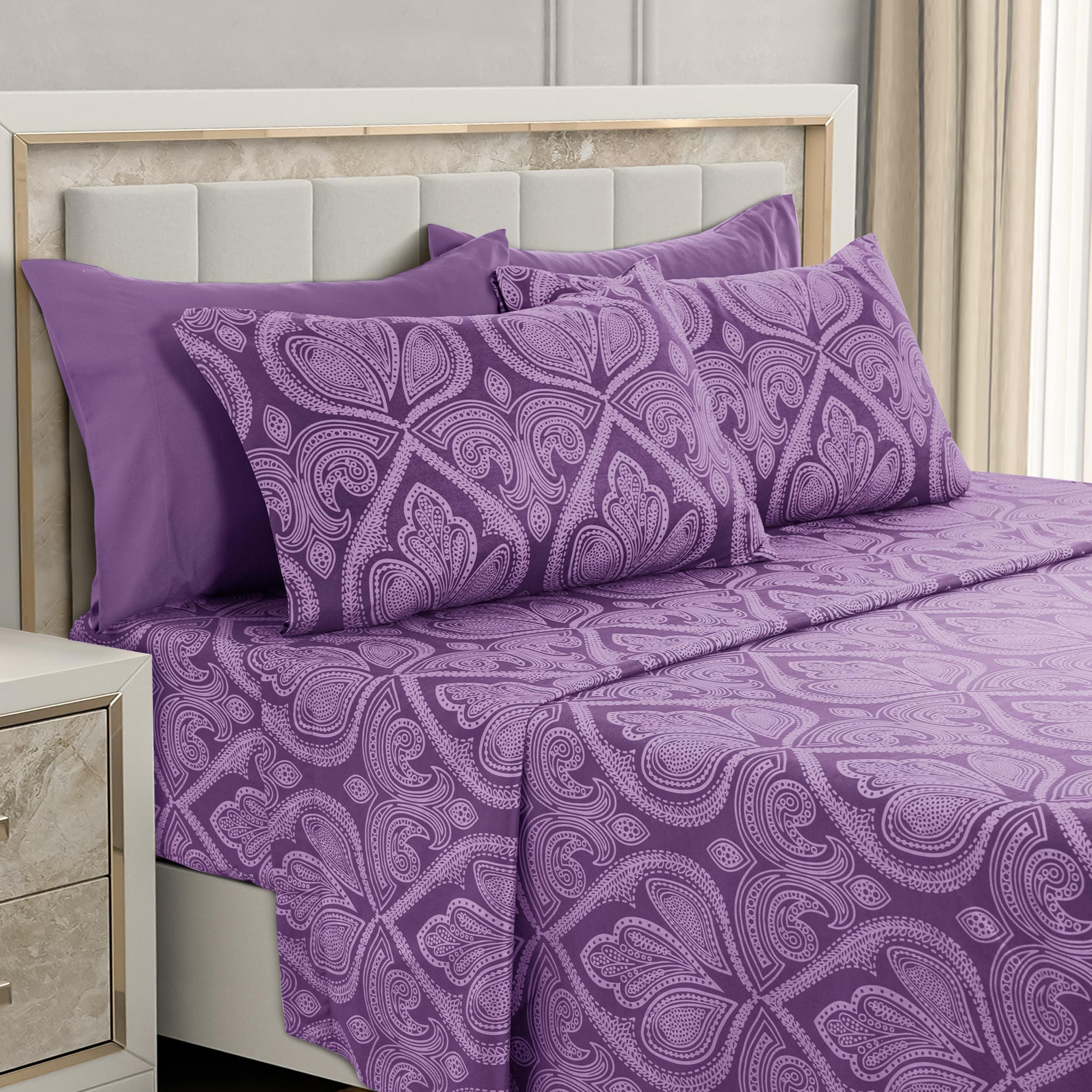 Lux Decor Collection LDC Bed Sheets - 6 Pc Queen Size Sheets - High GSM Brushed Microfiber Sheets -Upto 16 Inches Deep Pocket Bedding Sheets & Pillowcases (Queen, Paisley Purple)