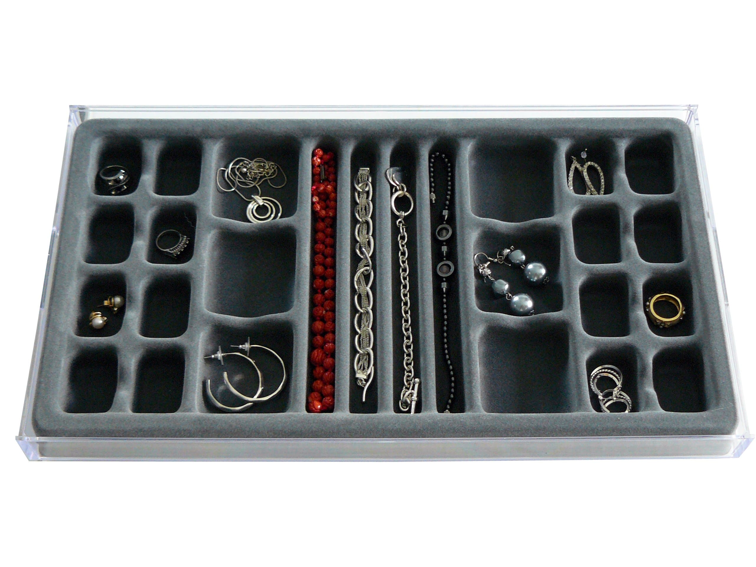 DR. ORGANIZERStack Em' Multi-Purpose Valet Jewelry Organizer by Dr. Organizer, with Velvet Tray, US Patented, 26 compartments, Clear with Gray Insert